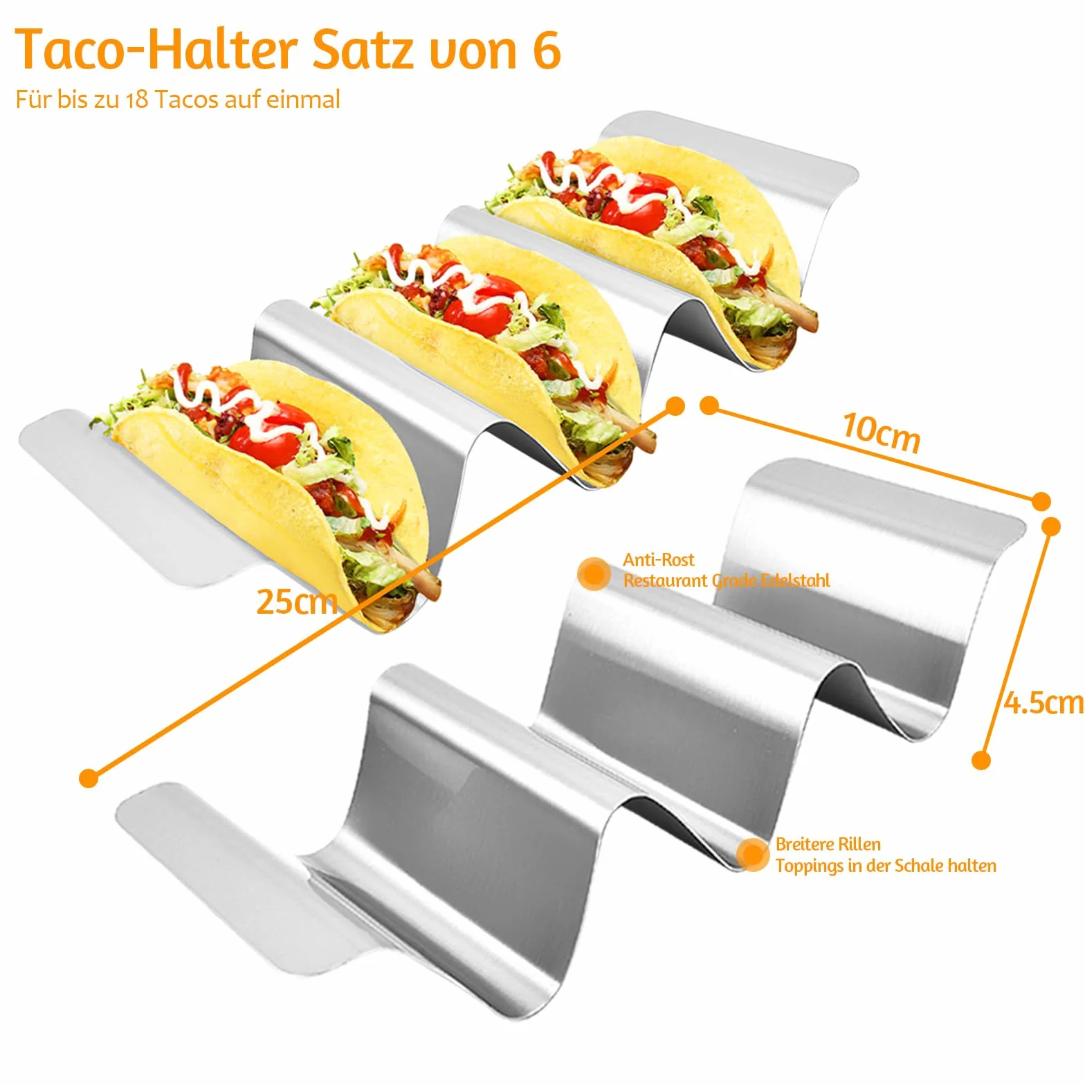 Uchwyt na taco, stal nierdzewna, 6 sztuk, pomieści do 3 tacos