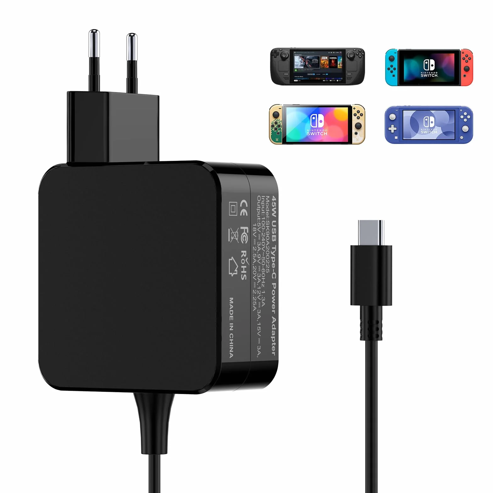 Ładowarka 45 W kompatybilna z Nintendo Switch Steam Deck/Lite/OLED, szybka ładowarka USB C 20 V/2,25 A, kabel ładujący 15 V/3 A do telefonów komórkowych typu C