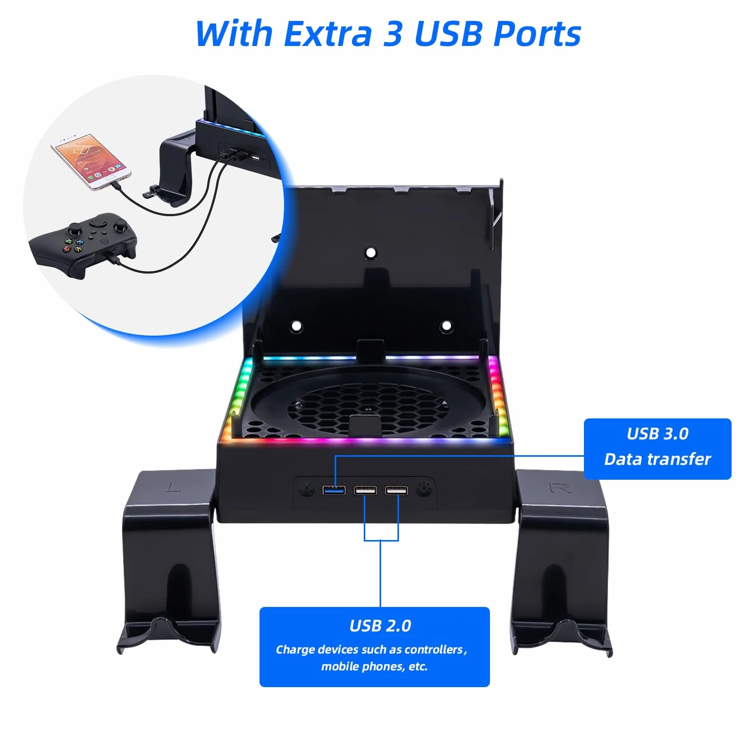Mcbazel Xbox Series X Zestawy do Montażu ściennego z Wentylatorem Chłodzącym, Wspornik Systemu Chłodzenia LED RGB z Regulowanymi Poziomami Prędkości/Portami USB/Wspornikami Kontrolera