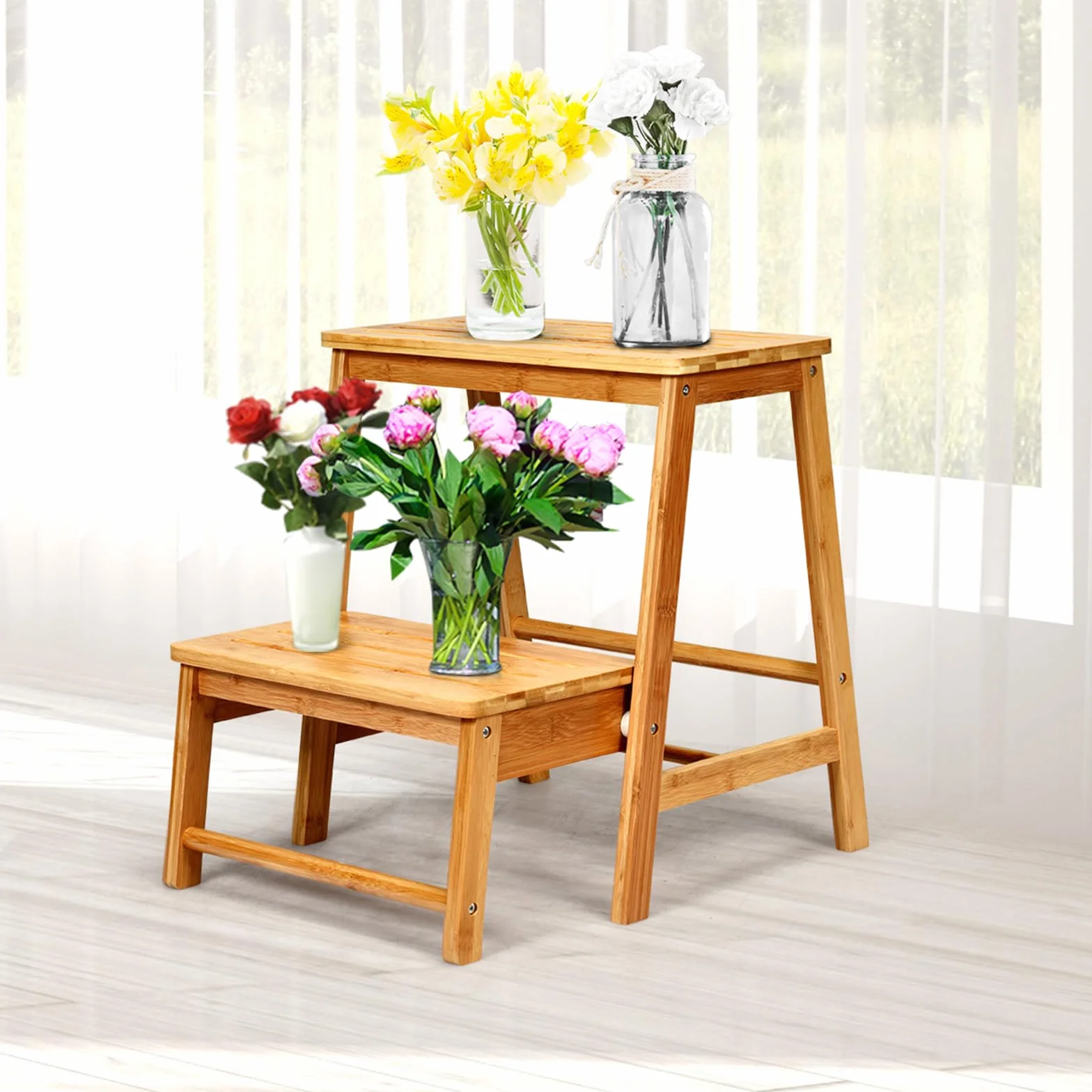 COSTWAY 2-stopniowy taboret składany, krzesło drabinkowe do 100 kg, 48 cm, bambus