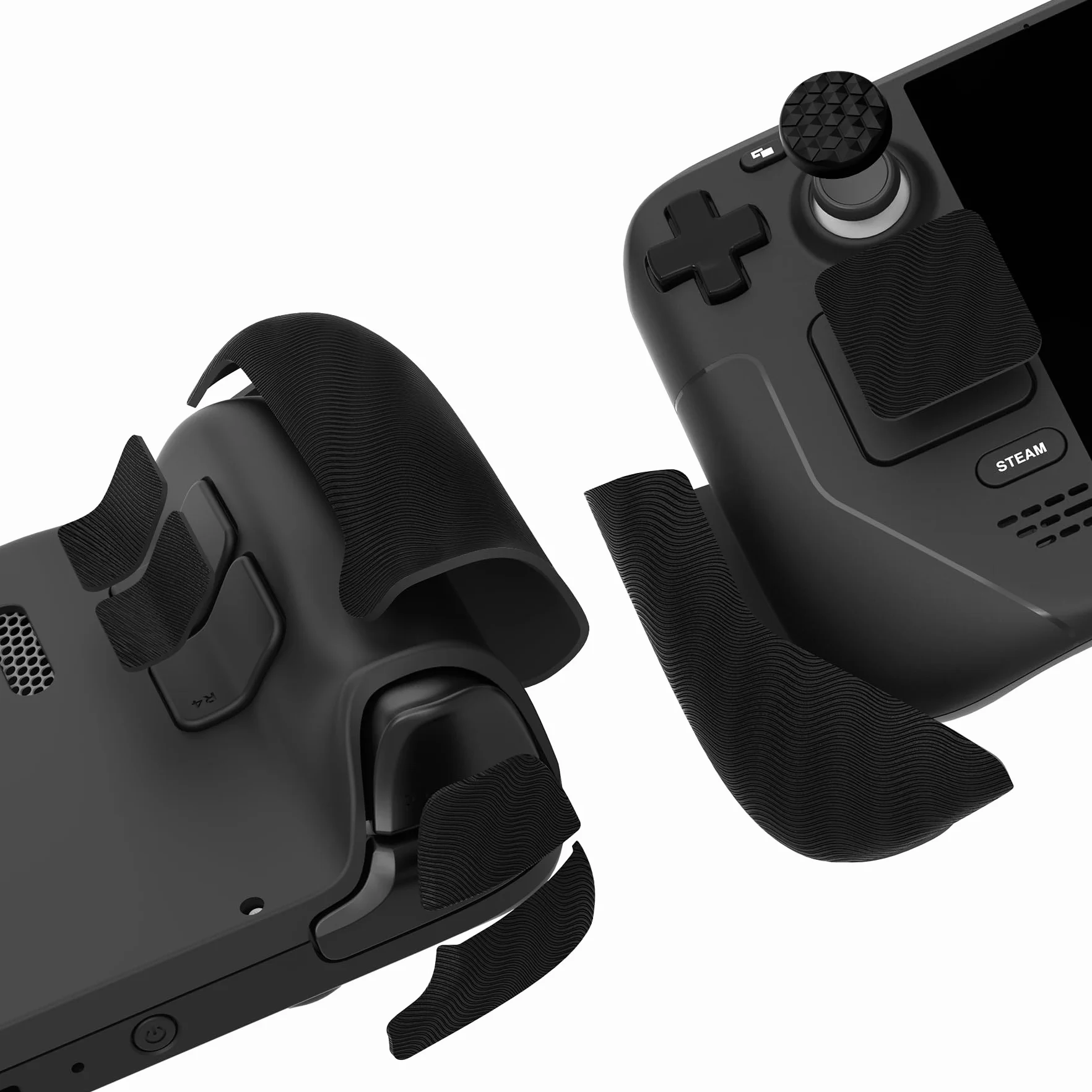 PlayVital Miękkie Gumowe Podkładki Pod Rękojeści do Steam Deck LCD,Naklejki Ochronne Gładziki Skin Grip Enhancement Back Button do Steam Deck OLED z Nakładkami Kciuki-Czarny(Fala Wodna Textured)