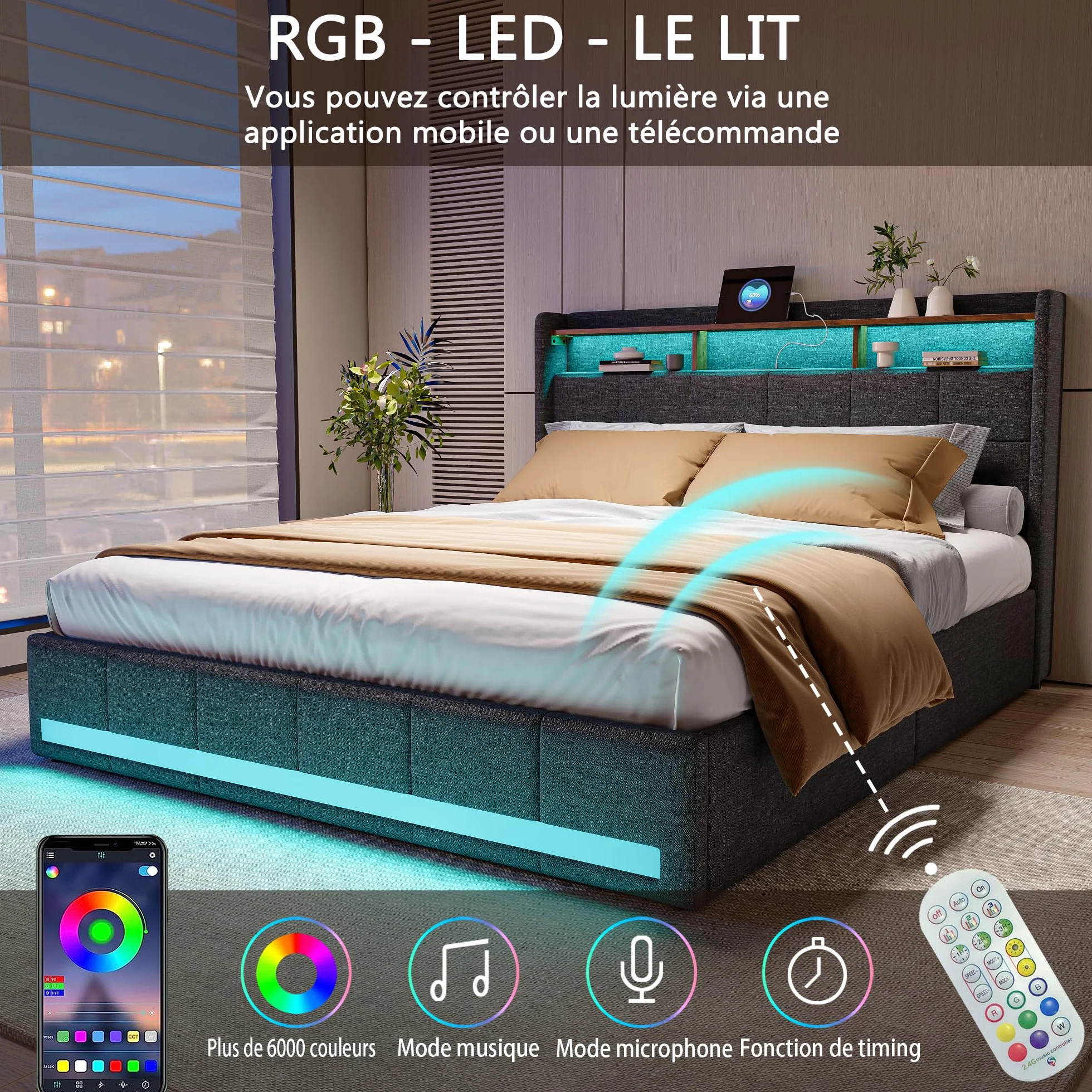 Łóżko Podwójne Pikowane 160 x 200 cm z Szufladą, Oświetleniem LED i Ładowaniem USB - Szare