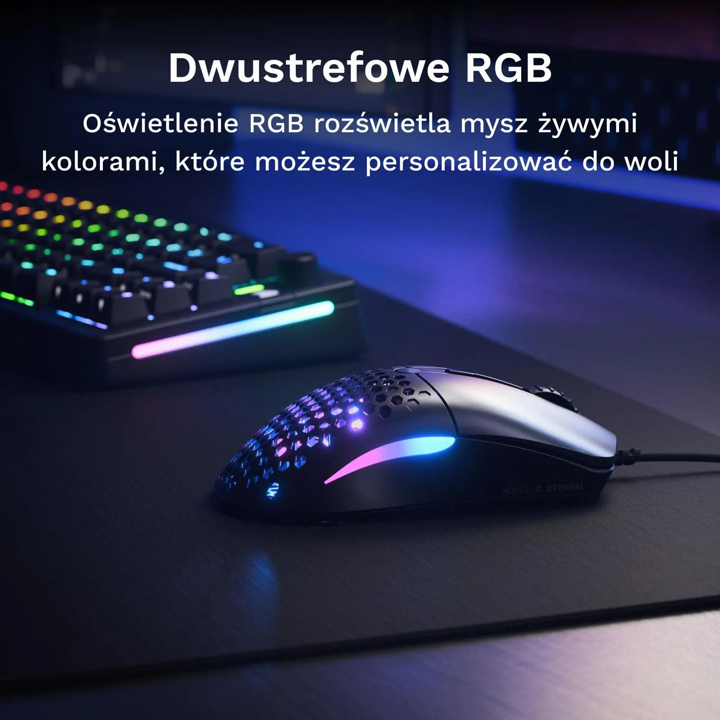 Glorious Model O Eternal – ultralekka mysz RGB – przewodowa – lekka (55g) – konfig. oświetlenie RGB – 6 konfig. przycisków – symetryczny design – czujnik opt. 12K DPI – PC/Mac – czarna