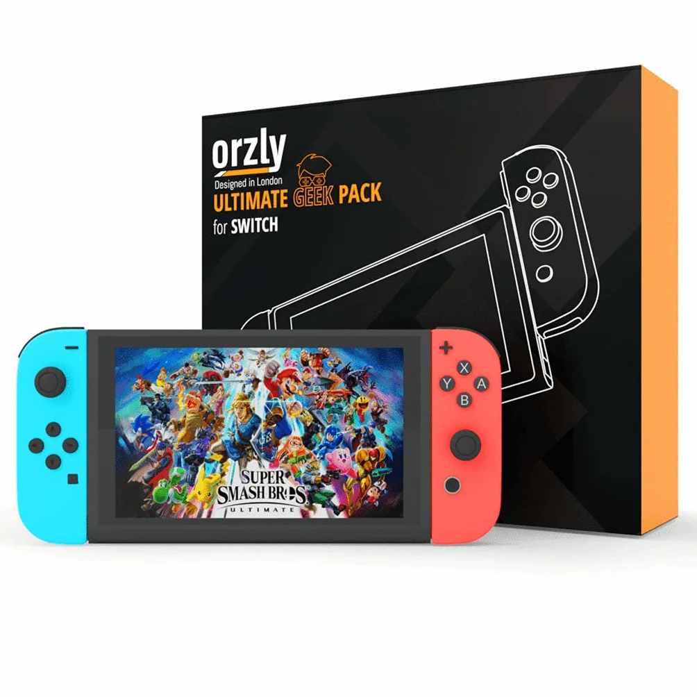 Orzly Geek Pack Zestaw akcesoriów do Nintendo Switch: Etui, osłona ekranu, uchwyty Joycon, koła wyścigowe, stacje ładowania