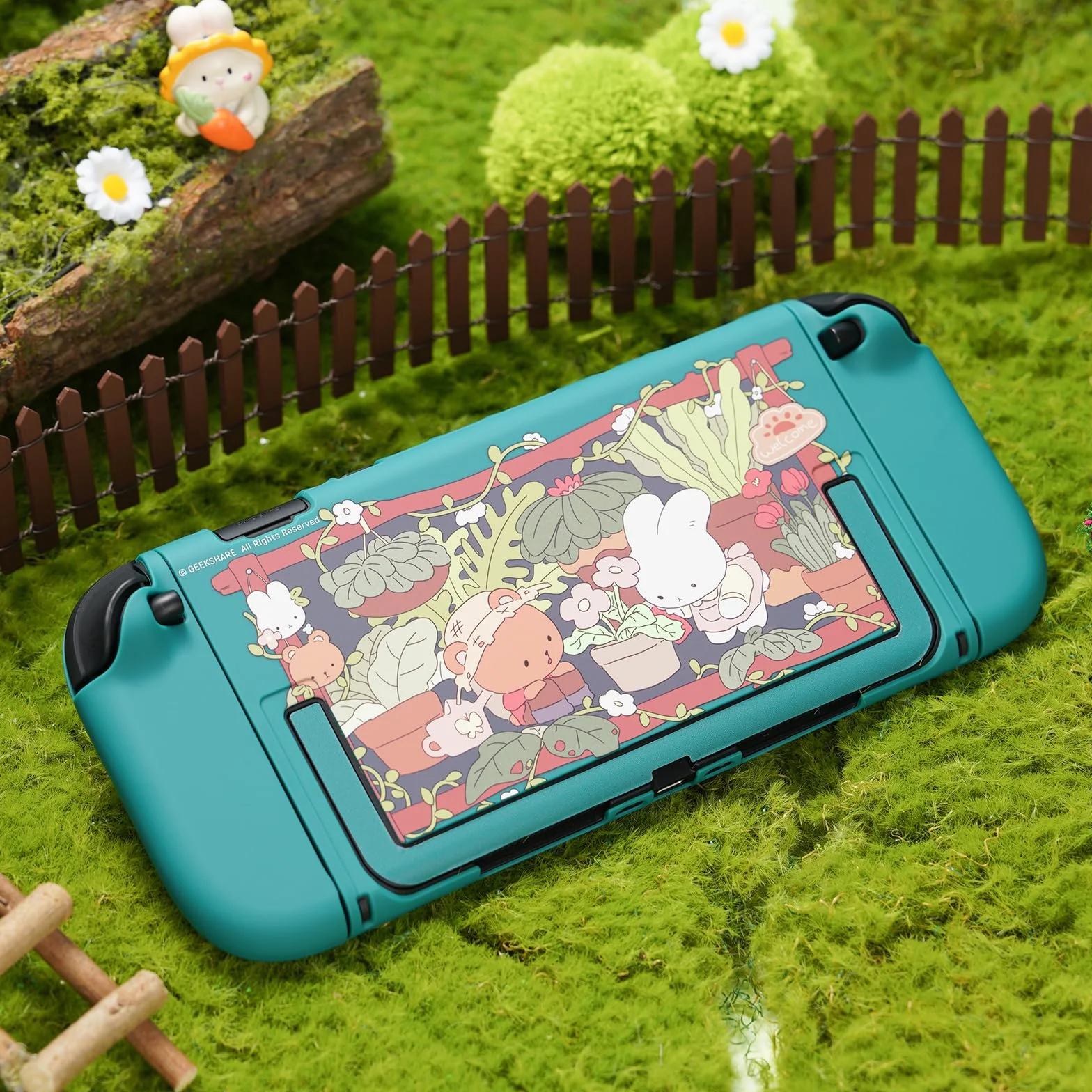 GeekShare Ochronna muszla kompatybilna z Switch 2, Kawaii etui dokujące antyrysunkowa amortyzująca obudowa - Ogród królików