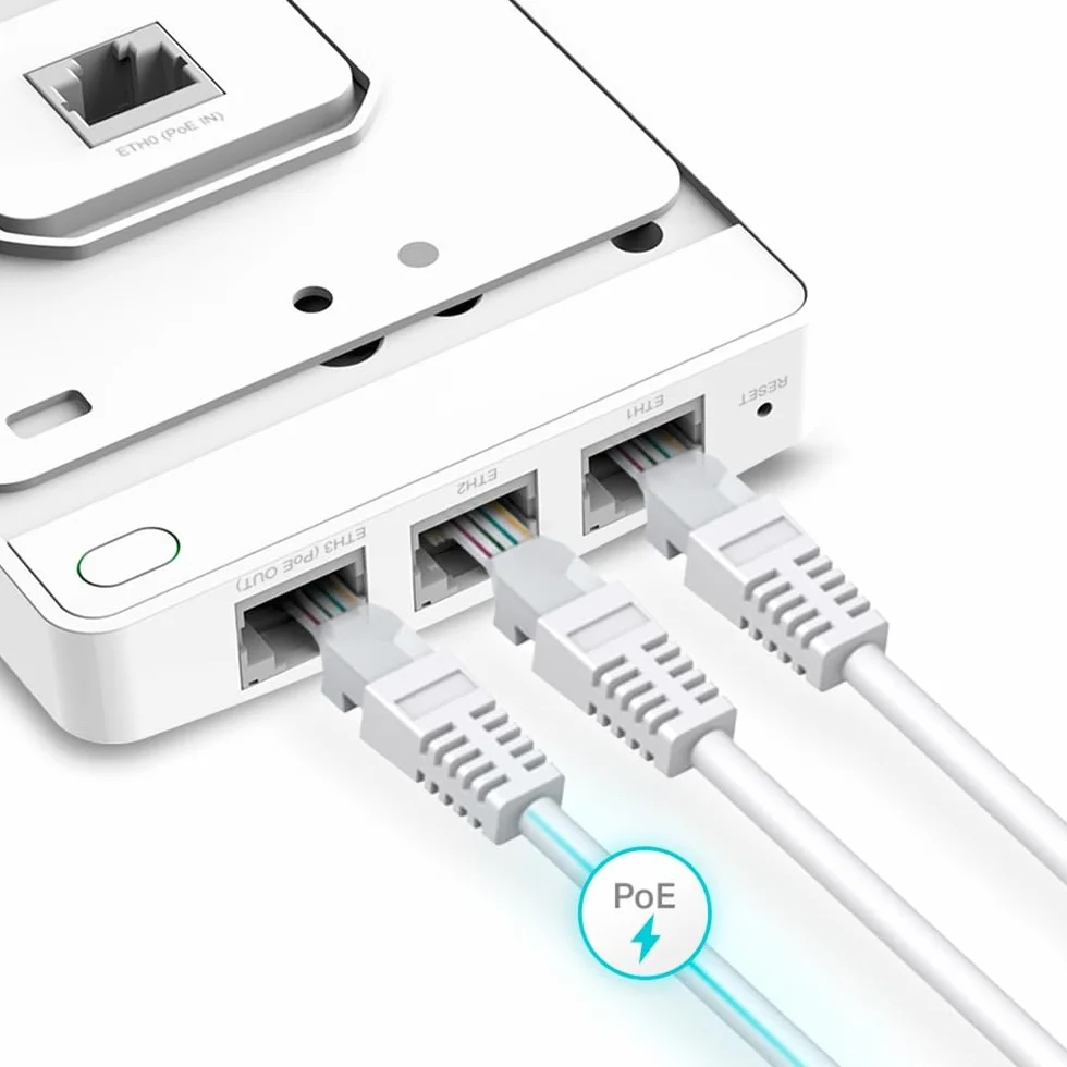 TP-Link EAP615-Wall, Punkt dostępowy WiFi 6 AX1800, Montaż ścienny, 3 porty LAN (w tym 1 PoE passthrough), Obsługa Omada SDN, Mesh, VLAN, Roaming i zarządzanie centralne