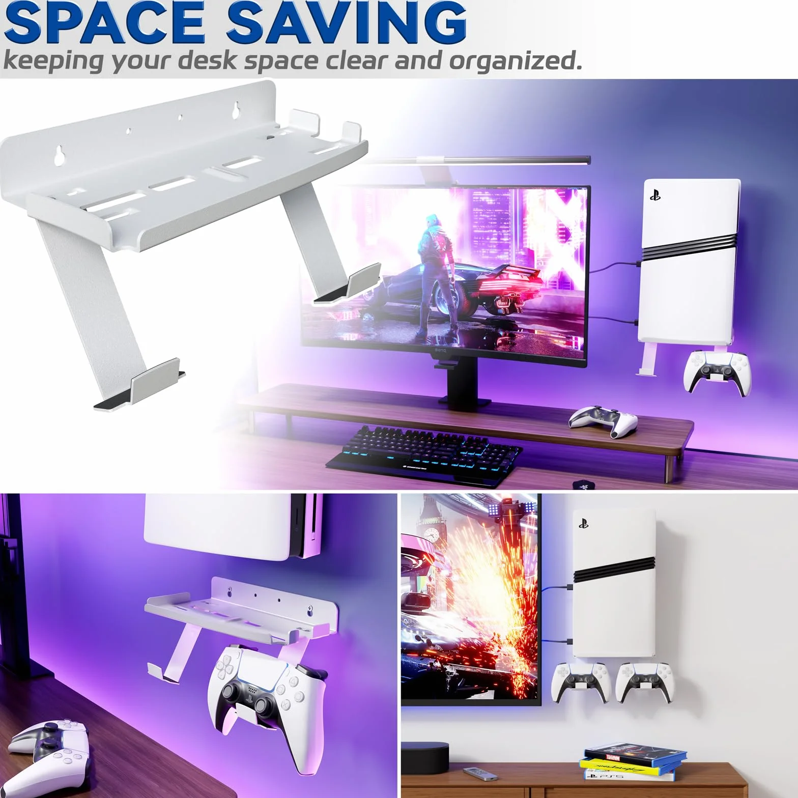 Uchwyt ścienny do PS5 Slim / PS5 Pro - stalowy wspornik 2mm kompatybilny z PlayStation 5 Slim Disc/Digital + uchwyt na 2 kontrolery