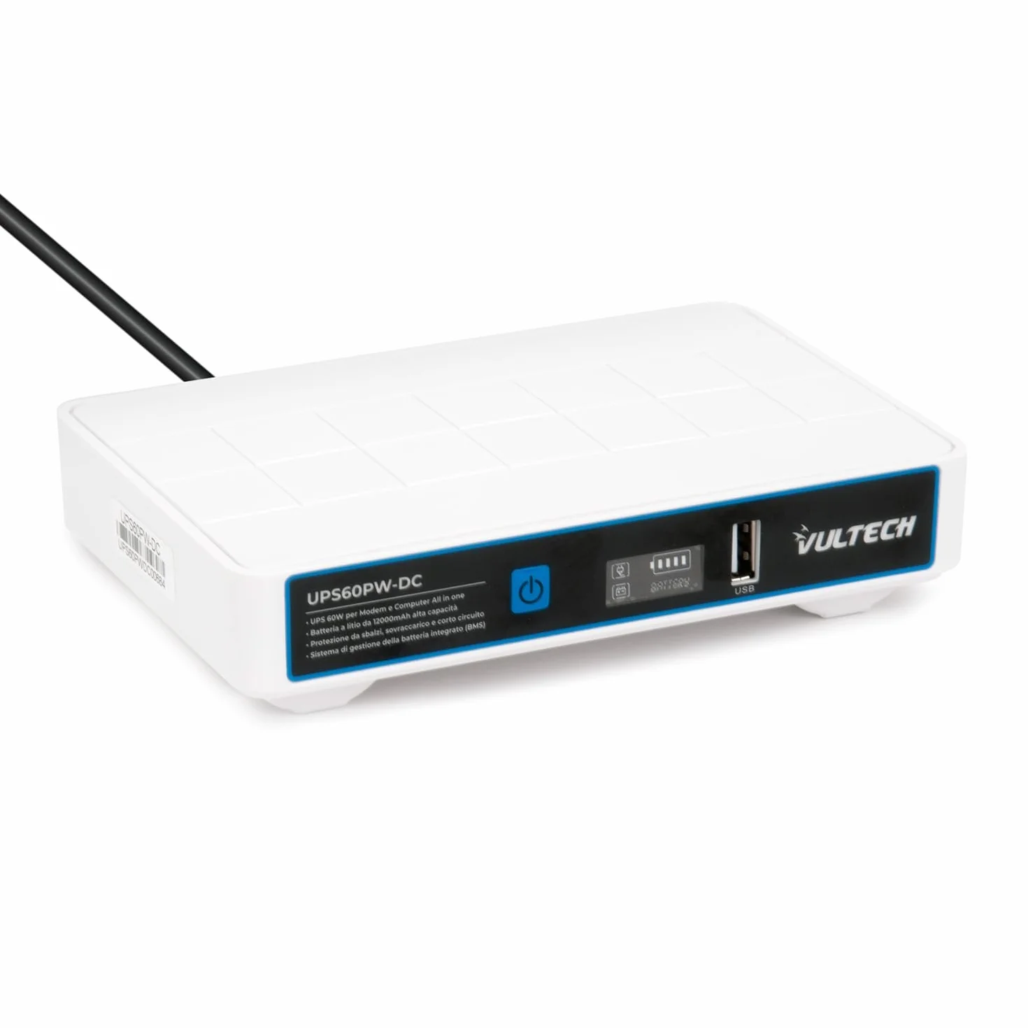 VulTech UPS60PW-DC Biały Mini UPS 12000 mAh 60 W Przenośny zasilacz awaryjny do routera bezprzewodowego modemu Kamera Power Bank Smartphone Wejście 100-240 VAC USB 5V DC 12V