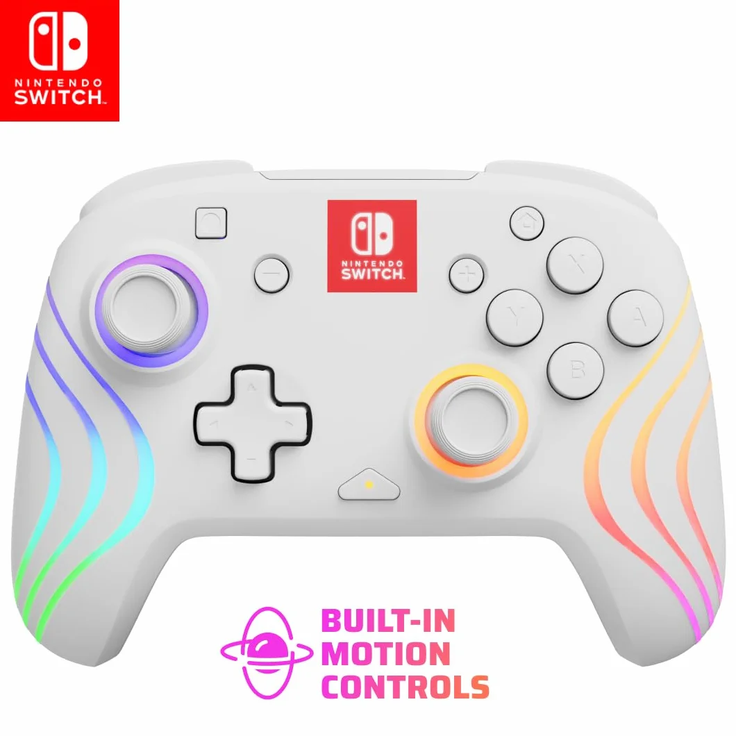 PDP Afterglow Wave Wireless Pro Controller for Nintendo Switch OLED, 8 RGB LED Zones, 30ft Range, 20H Battery White