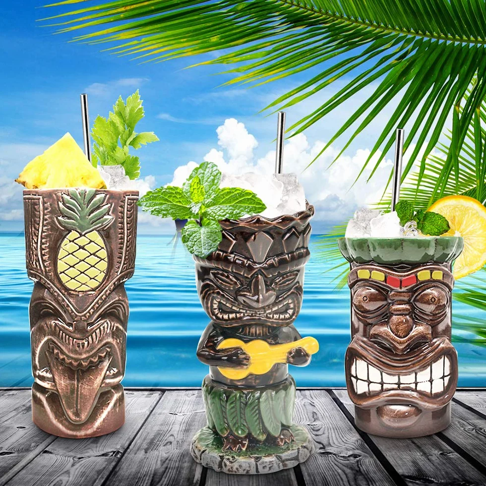 SuproBarware Tiki TJB02 TJB02 zestaw 4 ceramicznych kubków na imprezę hawajską, duże naczynia do picia, na koktajle, tropikalne kubki, napoje na egzotyczne przyjęcie, 4 szt