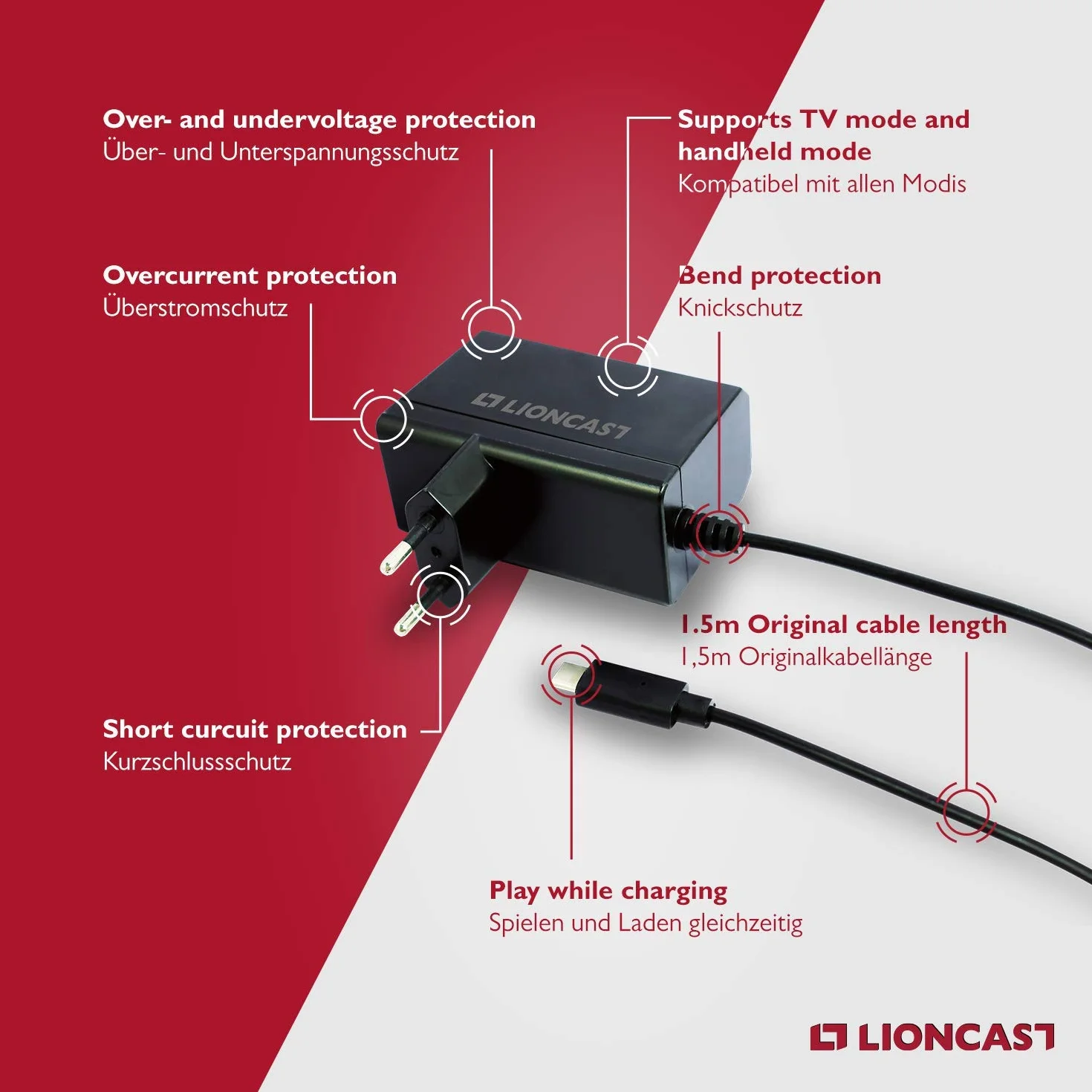 Zasilacz Lioncast do przełącznika Nintendo Switch/Switch Lite z 1,8 m kablem ładującym | Ładowarka 15V przez USB-C (kontroler Pro, ręczny, tryb TV), ładuje się jak oryginalny zasilacz