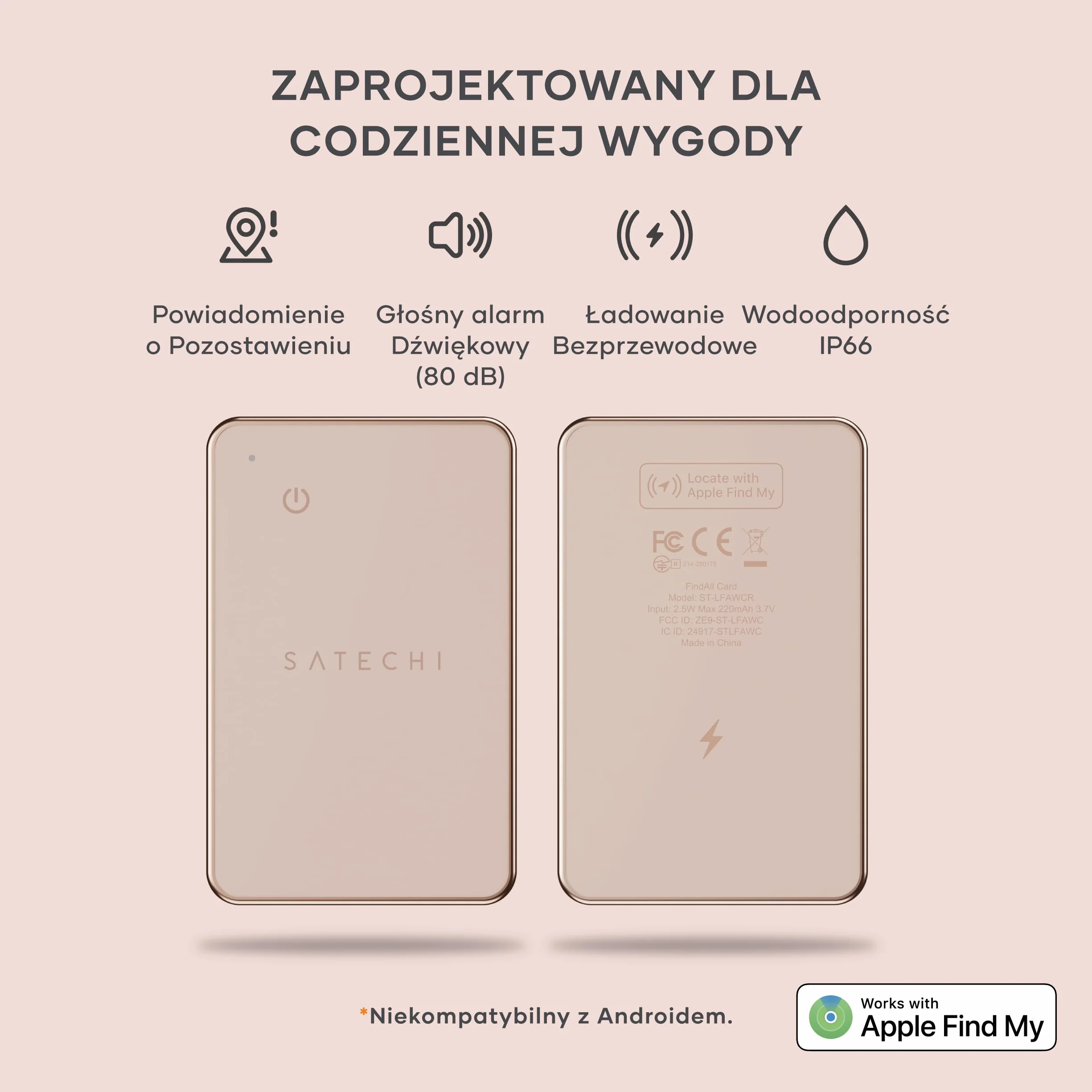 SATECHI FindAll Air GPS Wallet Tag Z Funkcją Apple Find My, Alertem O Zgubieniu, Głośnym Dźwiękiem, Ładowaniem Bezprzewodowym, Lekką Kartą GPS, Lokalizatorem Dla iPhone, iPad I Mac – Desert Rose