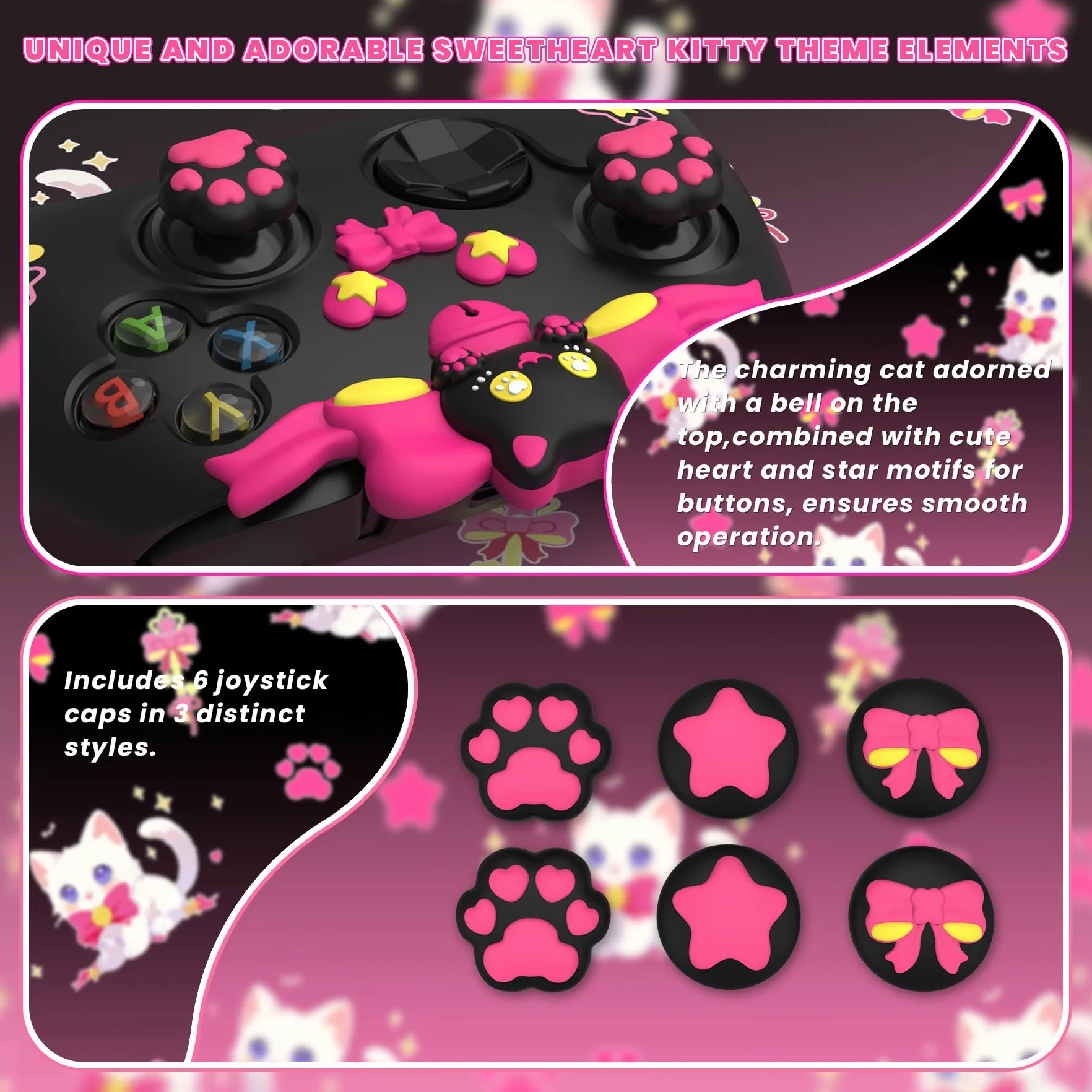 PlayVital Silikonowa Osłona do Xbox Series X S Kontrolera z Nakładkami Joystick i Naklejkami, Miękka Gumowa Ochrona Akcesoria do Xbox Core Controller–Czarny,Sweetheart Kitty