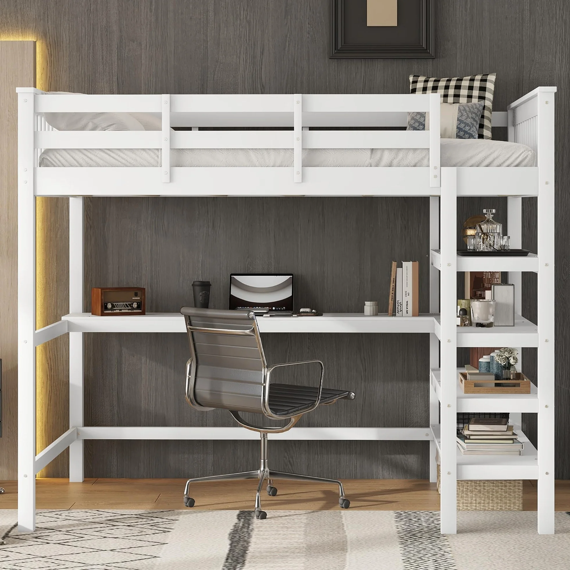 Łóżko piętrowe sosnowe MDF 140x200 cm z biurkiem i kieszeniami mocującymi białe szare