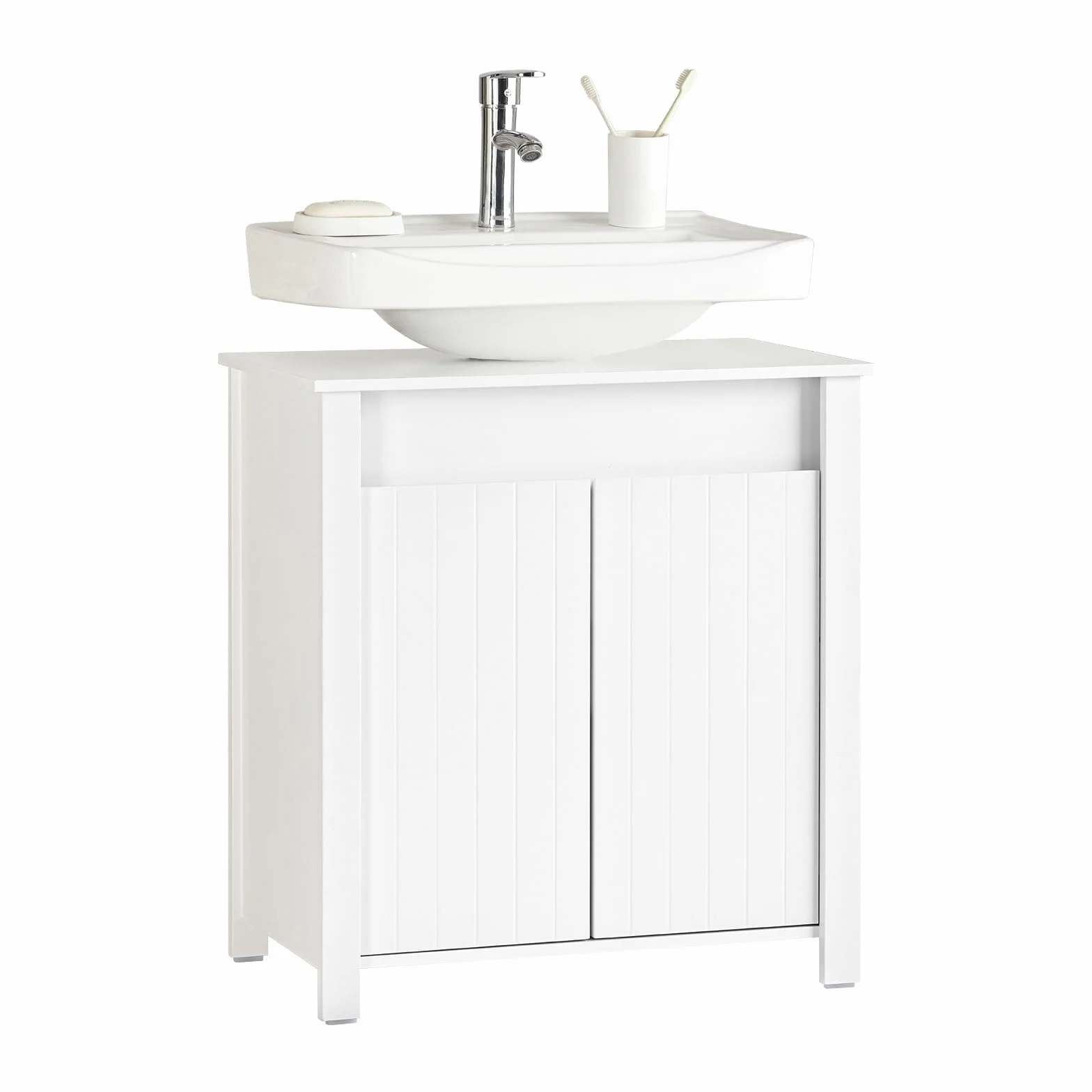 SoBuy BZR101-W Stojąca Szafka Pod Umywalkę Łazienkowa Komoda Kosz na Pranie Biały 60x34x65.5 cm