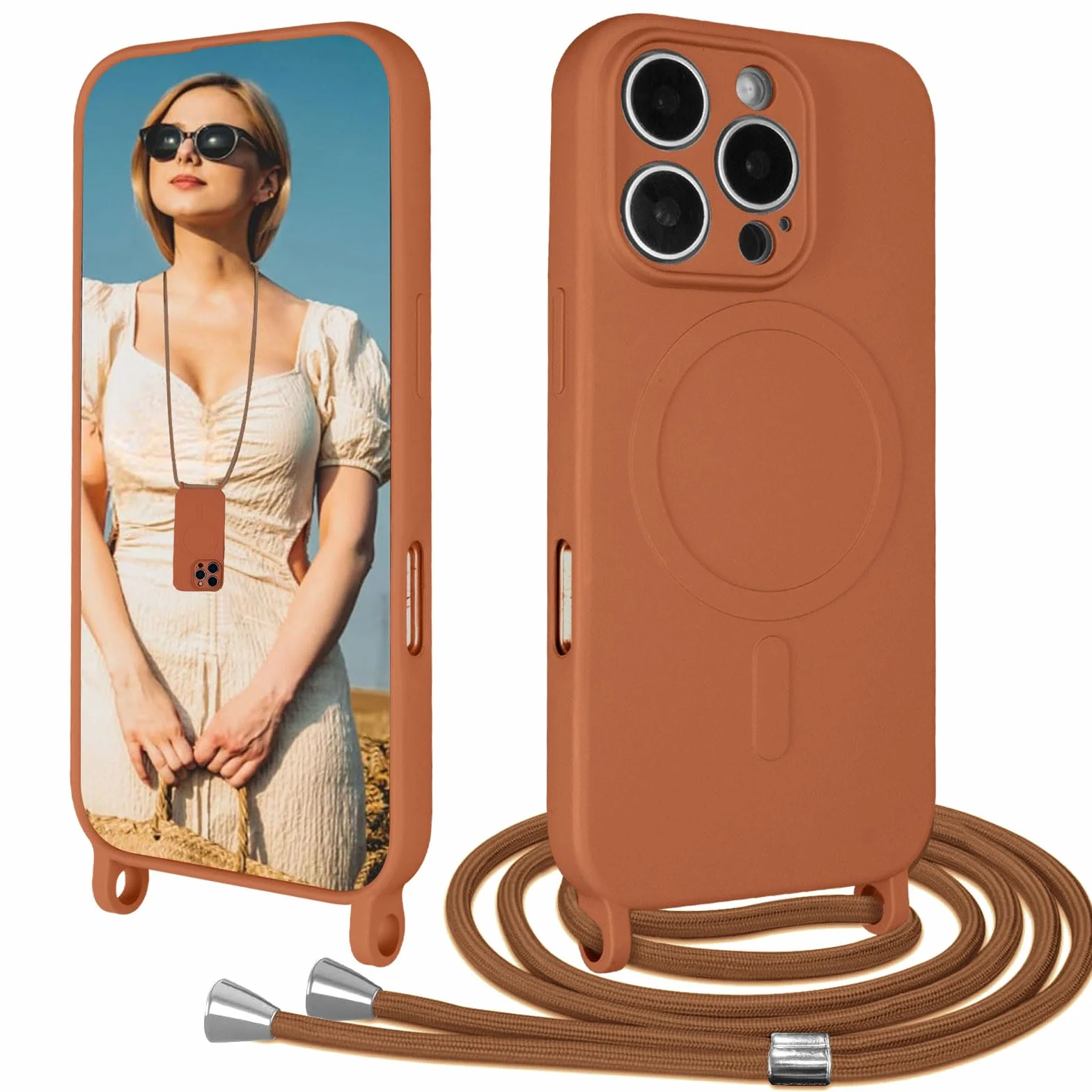 Etui crossbody ze smyczą do iPhone'a 16 Pro, magnetyczne etui kompatybilne z MagSafe, płynny silikonowy pokrowiec z paskiem, regulowany pokrowiec na szyję, naszyjnik, brązowe