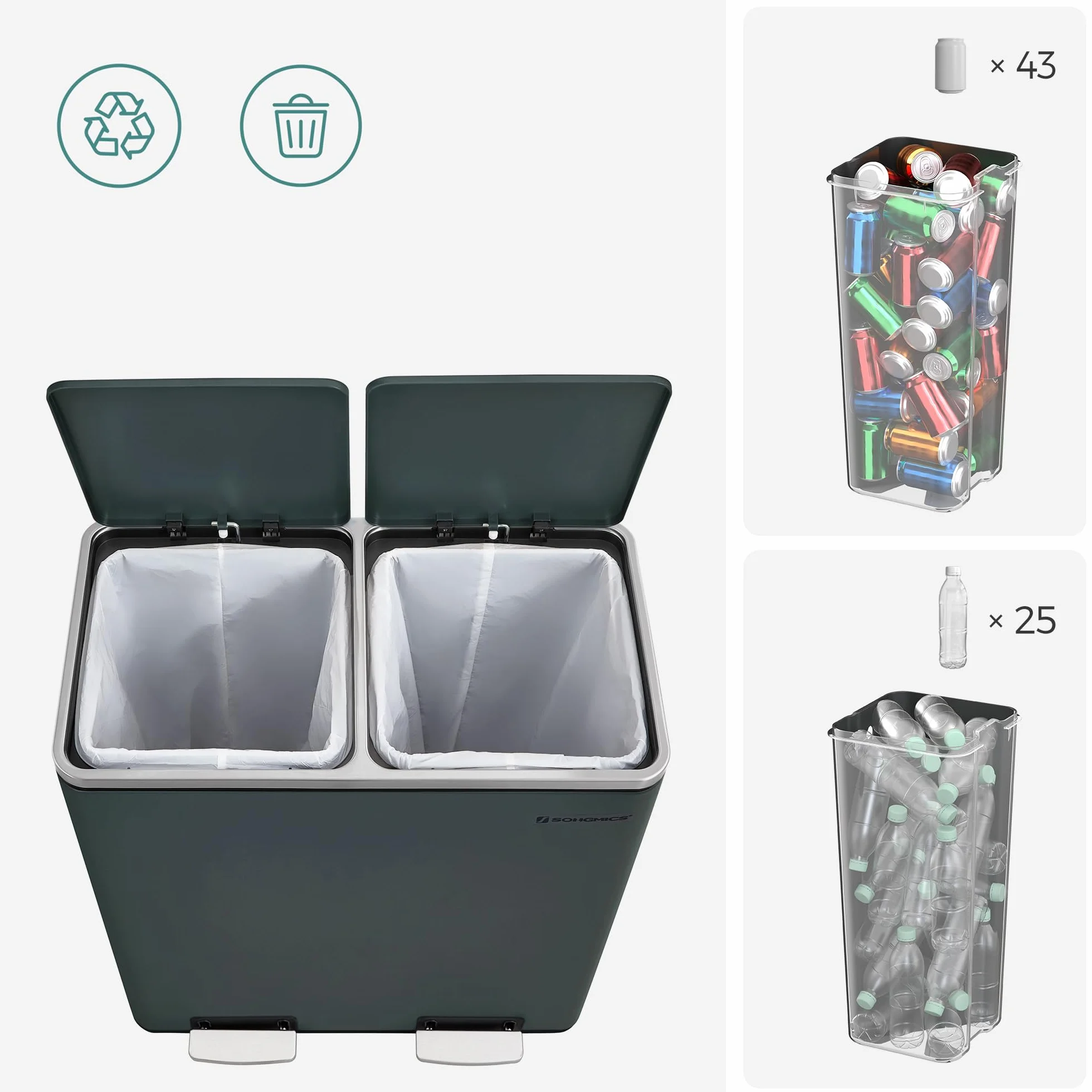 SONGMICS Kosz na śmieci z podwójną komorą 2 x 30 l, antracytowy szary LTB60GS