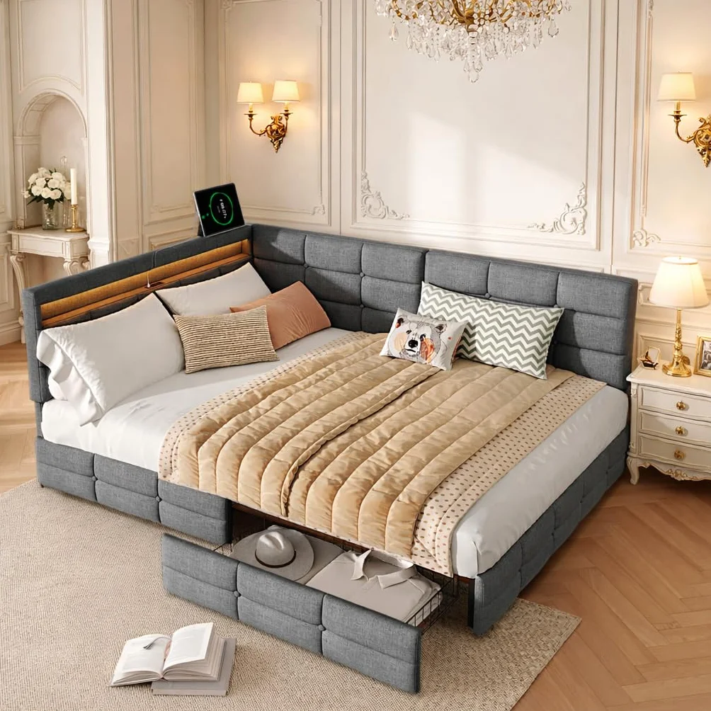 Łóżko tapicerowane, podwójne, 140 x 190 cm, z miejscem do przechowywania, łóżko dzienne, sofa z 2 szufladami, łóżko młodzieżowe z diodami LED i USB, łóżko funkcyjne ze stelażem, len, szare (szare, 140