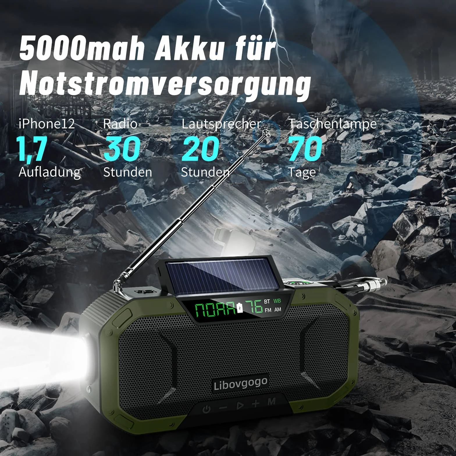 Radio awaryjne, ochrona przed rozbryzgami wody, głośnik Bluetooth, przenośne radio solarne AM/FM, z latarką, panel solarny LED, 5000 mAh, powerbank outdoorowy, kemping, dynamo