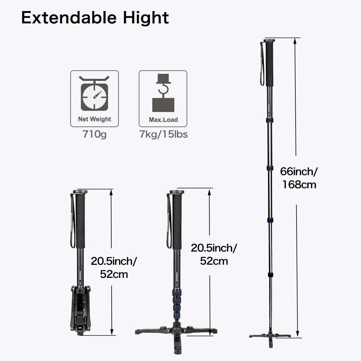 Koolehaoda Rozciągliwy Monopod do Aparatu Fotograficznego Ze Stopu Aluminium Z Podstawką Do Statywu, 5-Sekcyjny 52 cm-168 cm Regulowany Do Aparatów SLR Kamer Wideo, Ładowność Do 7 kg