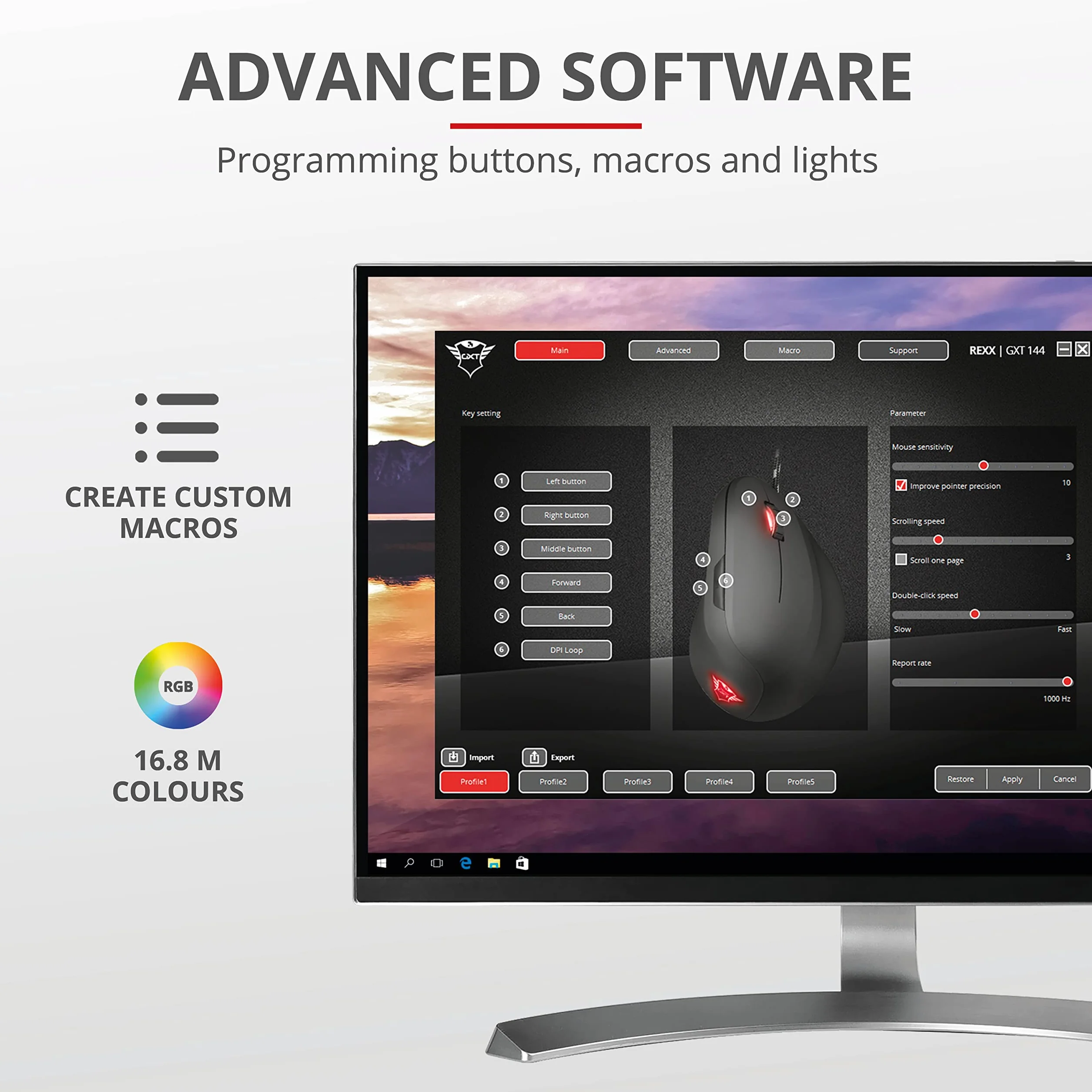Trust Gaming GXT 144 Rexx Myszka Gamingowa, Ergonomiczna Mysz Pionowa dla Graczy, 250-10000 DPI, Podświetlenie LED, 6 Programowalnych Przycisków, Zaawansowane Oprogramowanie, Komputer, Laptop, PC