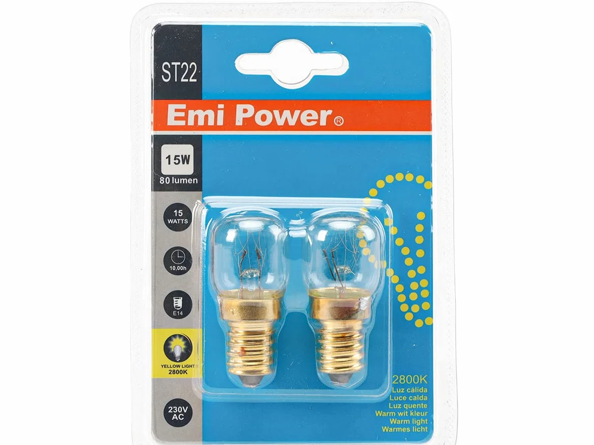 2 żarówki do piekarnika i mikrofalówki, E14 15W 230V 80 lumenów 2800K, Odporna na Wysokie Temperatury do 300 stopni (ST25 ⌀25mm)