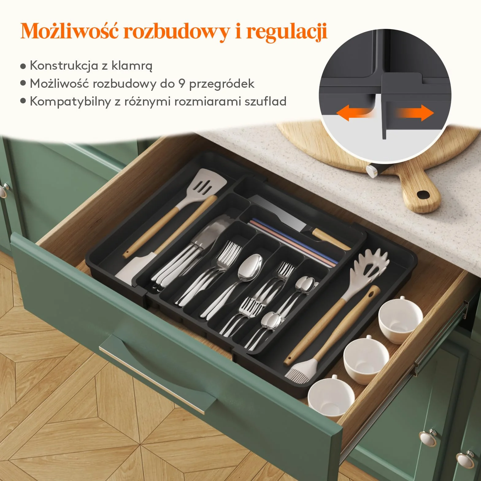 Lifewit Organizer do Szuflady na Sztućce, Wkład do Szuflady, Regulowany Organizer na Przybory Kuchenne, Plastikowy Taca na Sztućce, Szerokość 30-49,8cm, Głębokość 38cm, Czarny