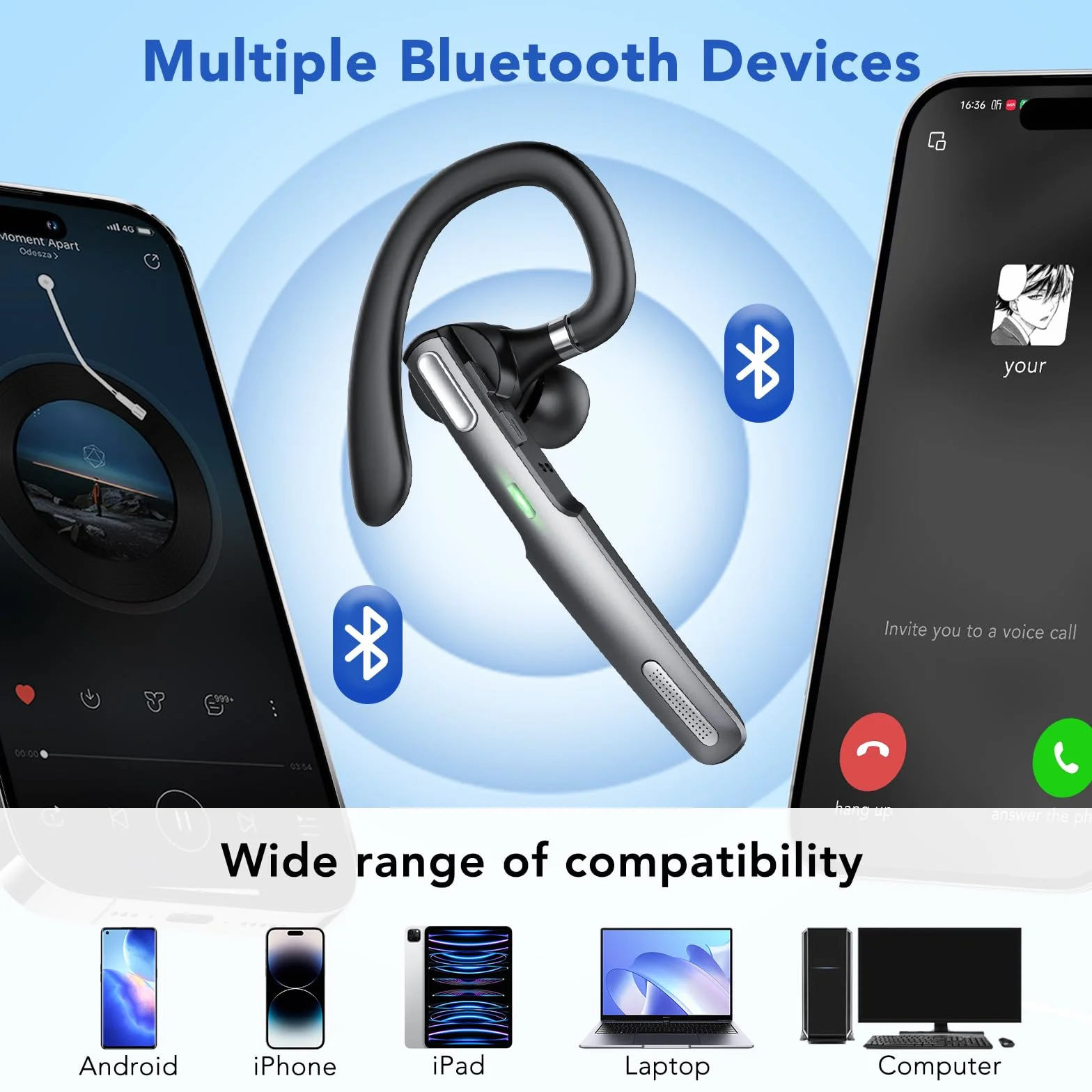 Zestaw słuchawkowy Bluetooth V5.3, zestaw głośnomówiący 100H Talk, bezprzewodowy zestaw słuchawkowy z mikrofonem ENC z redukcją szumów, wyświetlacz LED, wodoodporność IP7, słuchawki douszne do