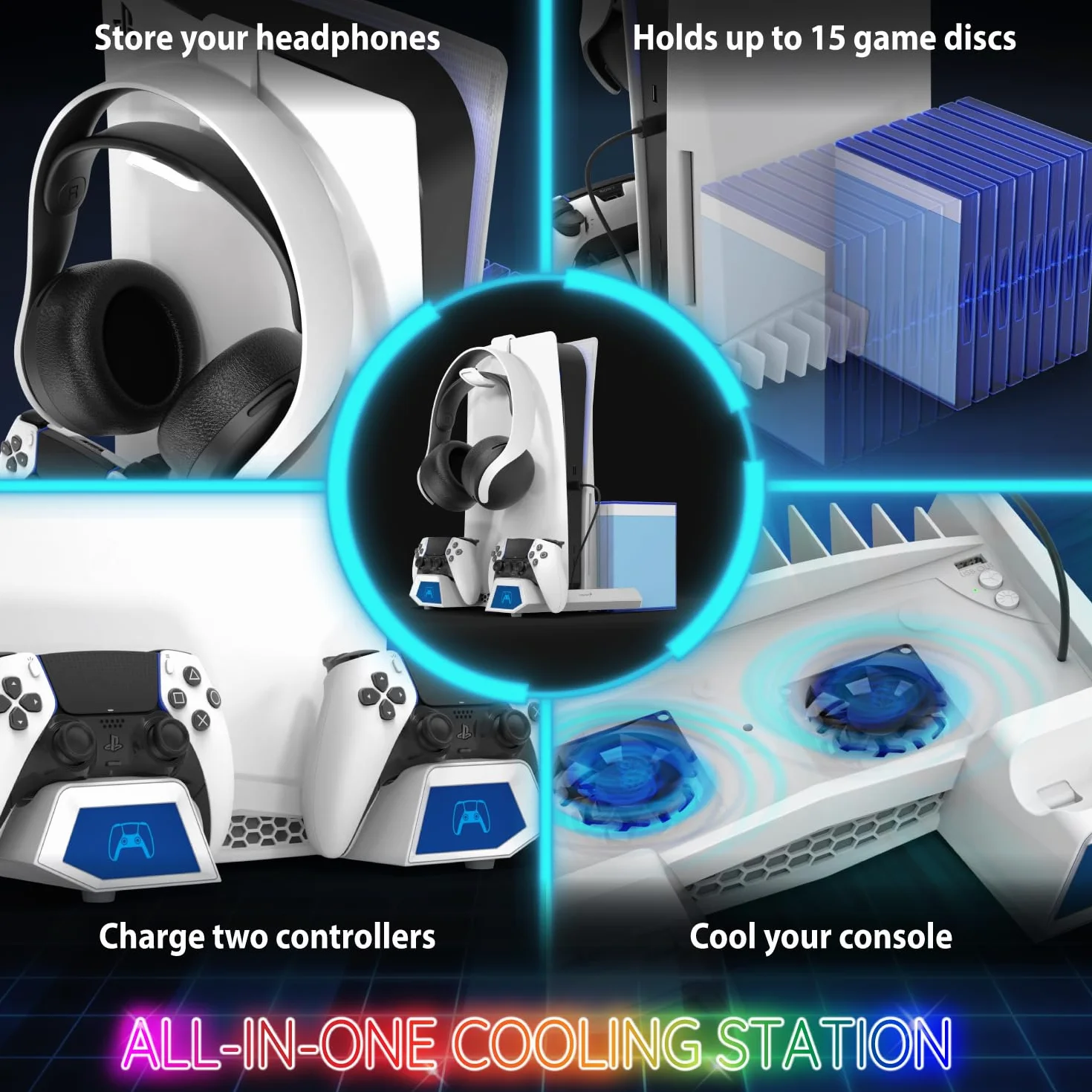 Fosmon Stacja stojąca i chłodząca PS5 z oświetleniem RGB LED, podwójna stacja ładująca do kontrolera DualSense/Edge, 10 gniazd gier, uchwyt na słuchawki (kompatybilne z Playstation 5 Slim Disc i