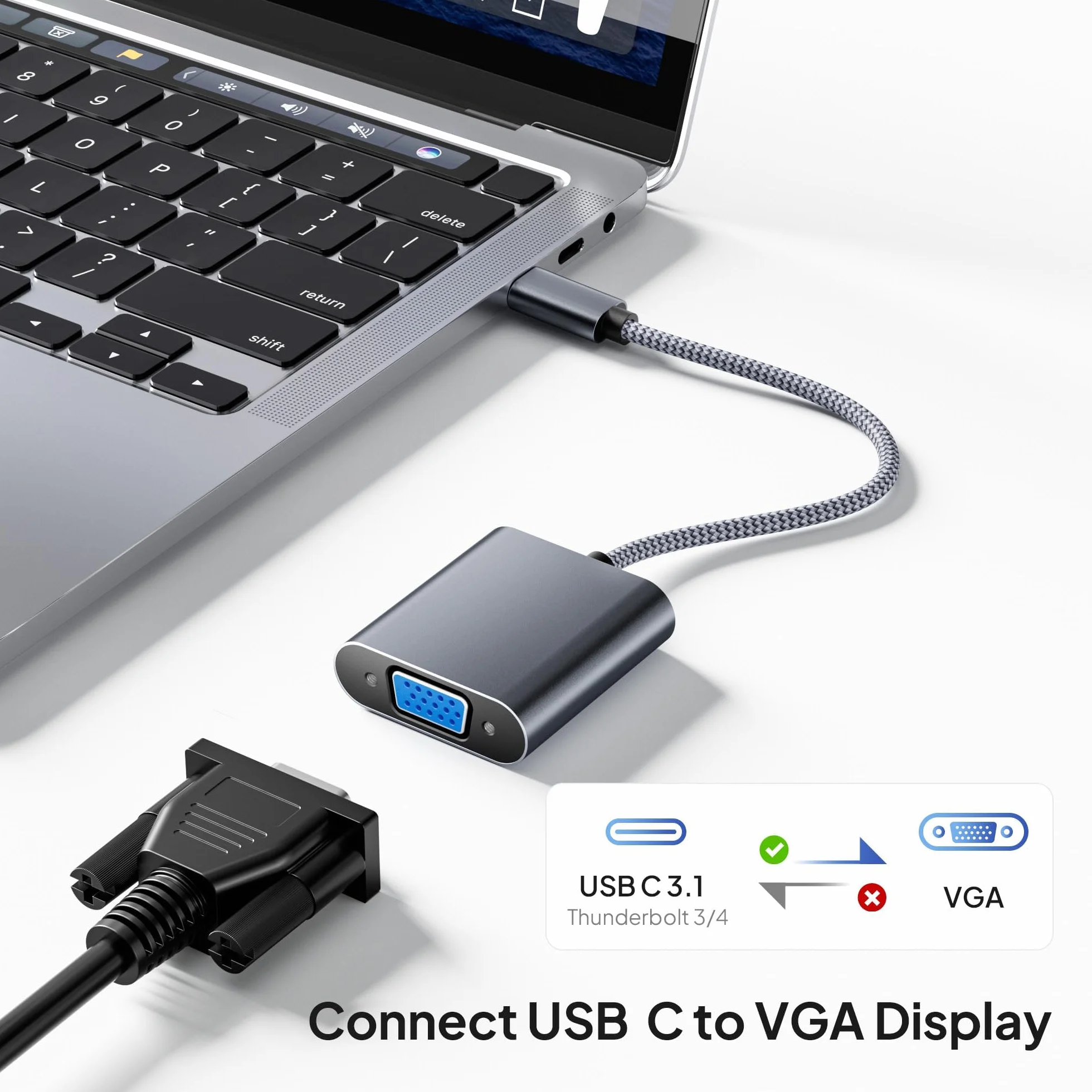Elebase Adapter USB-C na VGA,Thunderbolt 3/4 Type C Męski na VGA Żeński – Konwerter dla iPhone 17/16/15 Pro Max, MacBook Air 2023, iPad, iMac, Samsung Galaxy S24/A54, Tab S9/S8, Dell XPS, Surface Go