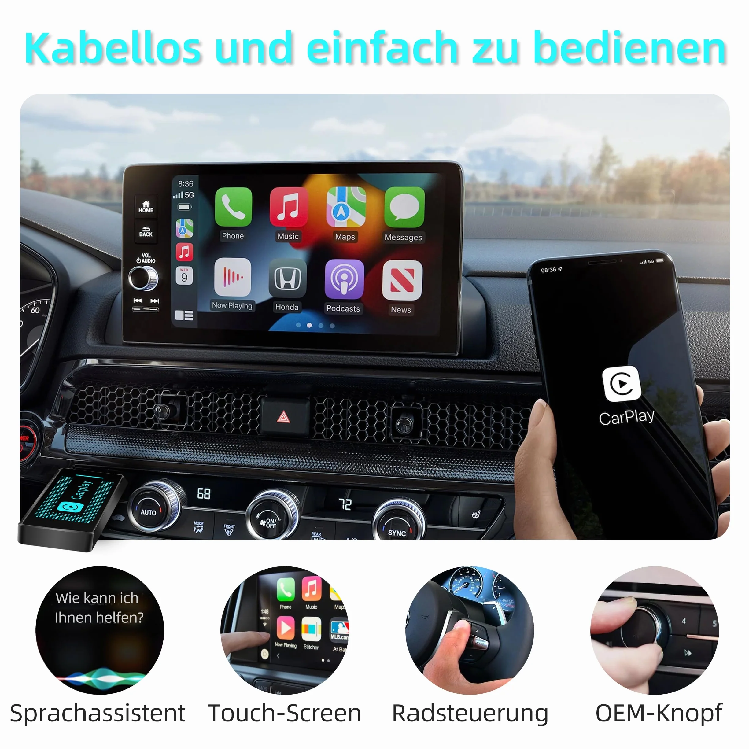 Pashlysh Bezprzewodowy adapter Carplay do iPhone'a, upgrade 2024, USB CarPlay, pendrive do bezprzewodowej obsługi, łatwa funkcja Plug & Play, kompatybilny z samochodami od 2016 i iPhone iOS 10+