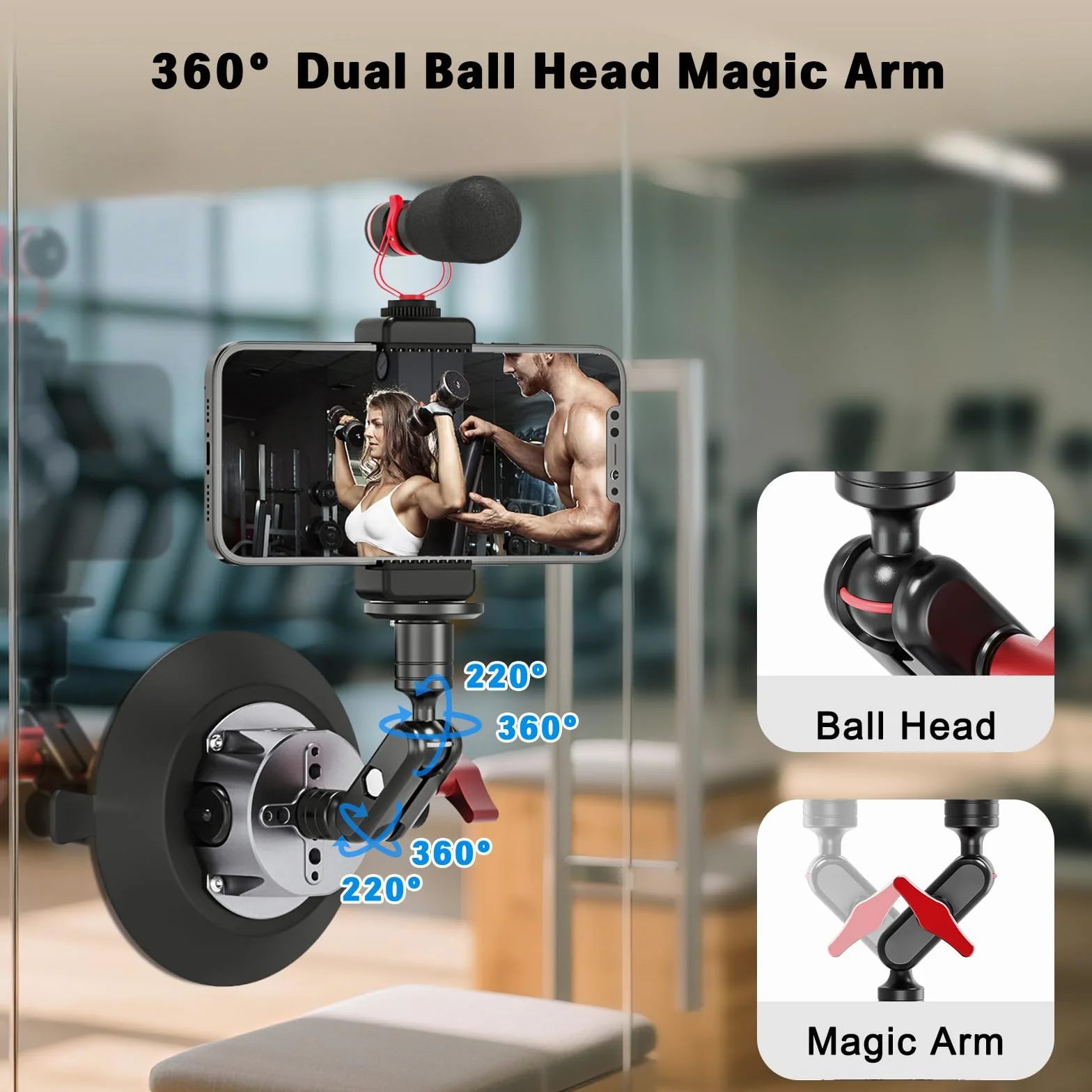 Uchwyt na przyssawkę z głowicą kulową Magic Arm, 5,1" / 13 cm przyssawka kamera kompatybilna z ARRI 1/4" i 3/8", uchwyt na przyssawkę samochodową do lustrzanki cyfrowej/kamery sportowej