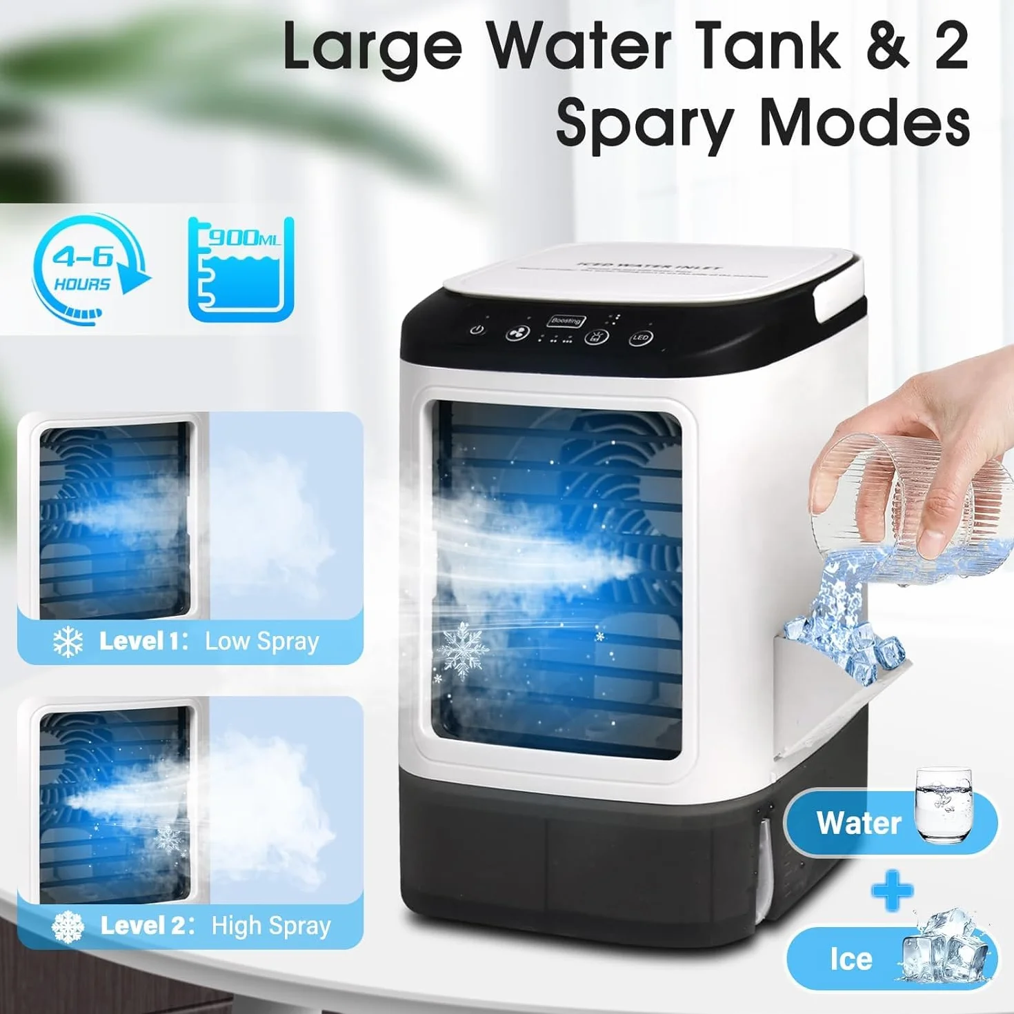 Przenośny klimatyzator 4 w 1, 900 ml, 3 prędkości, 2 mgiełki, oscylacja 90°, cichy