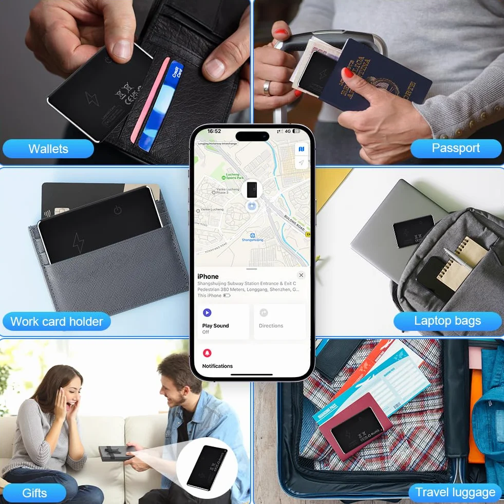 Ainiv Karta Thin Wallet Tracker, akumulatorowy lokalizator portfela, wodoodporny, współpracuje z Apple Find My (tylko iOS), sorter przedmiotów do etykiet bagażowych, telefonów, paszportów