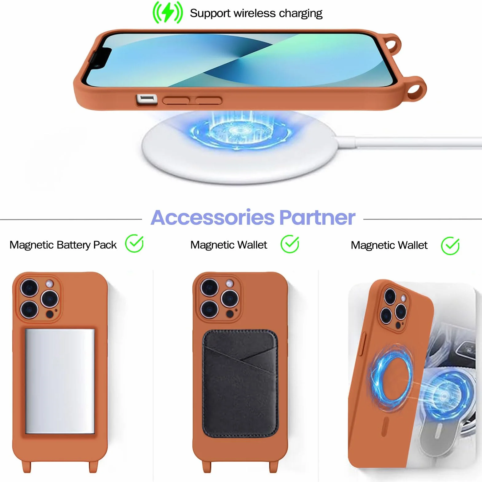 Etui crossbody ze smyczą do iPhone'a 16 Pro, magnetyczne etui kompatybilne z MagSafe, płynny silikonowy pokrowiec z paskiem, regulowany pokrowiec na szyję, naszyjnik, brązowe