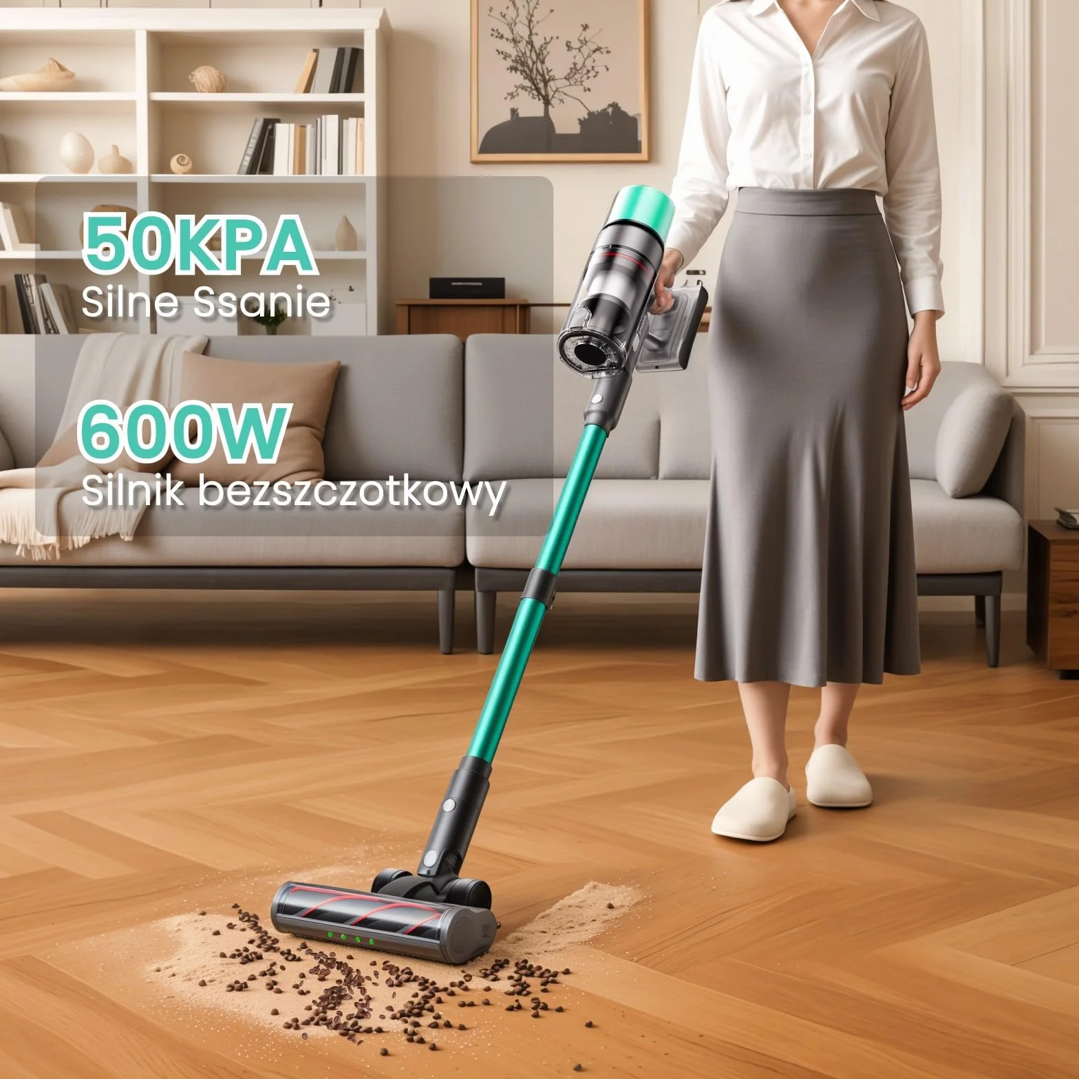 V5 Bezprzewodowy Odkurzacz, 50Kpa/600W/70Min Samostojący, Ultradługi Czas Pracy z Trybem Automatycznym do Dywanów, Sierści Zwierząt i Twardych Podłóg