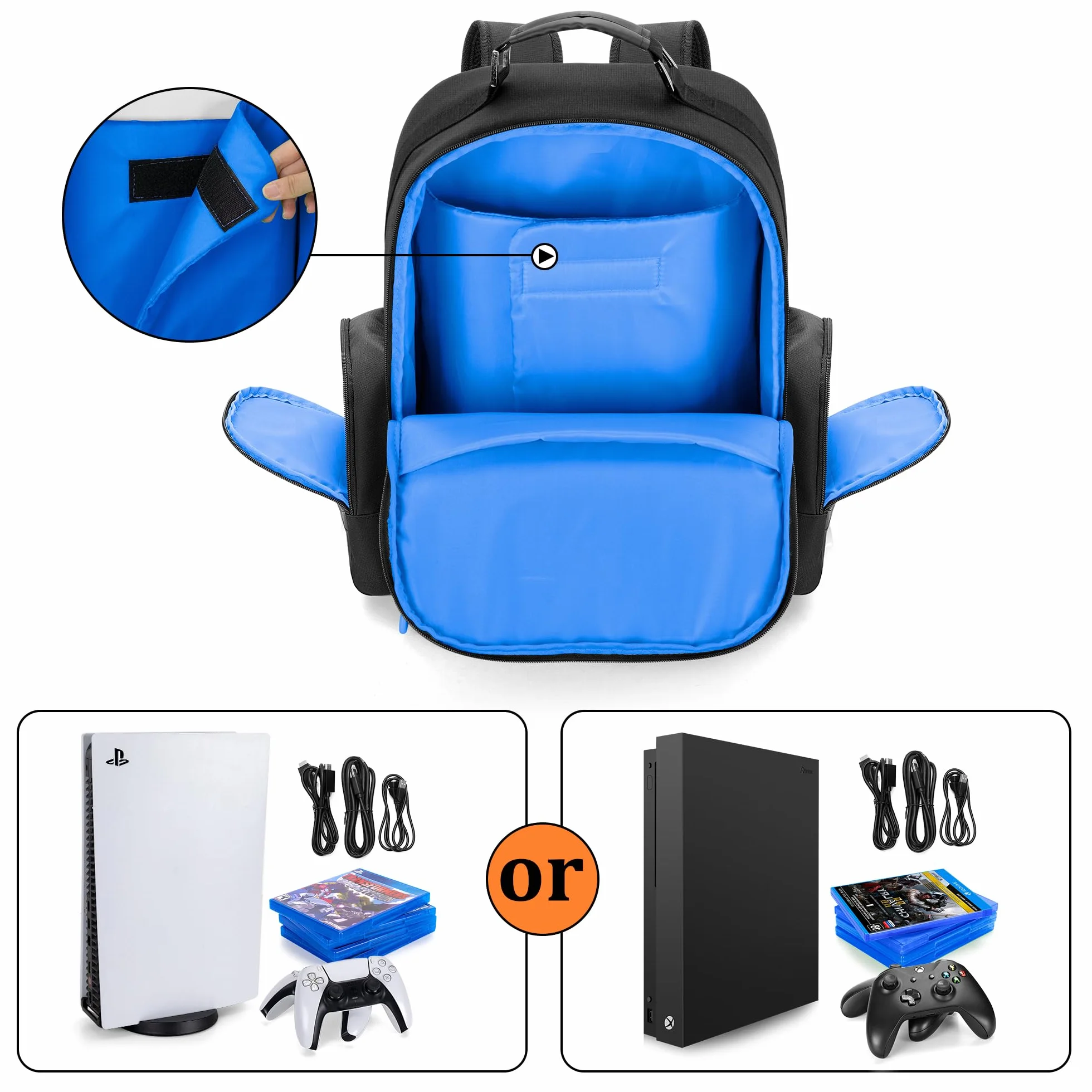 PGmoon Plecak na konsolę kompatybilny z PlayStation 5, torba podróżna z ochronną podszewką, odpowiedni do laptopa 15,6", słuchawek, kontrolerów i większości akcesoriów do gier, Niebieska