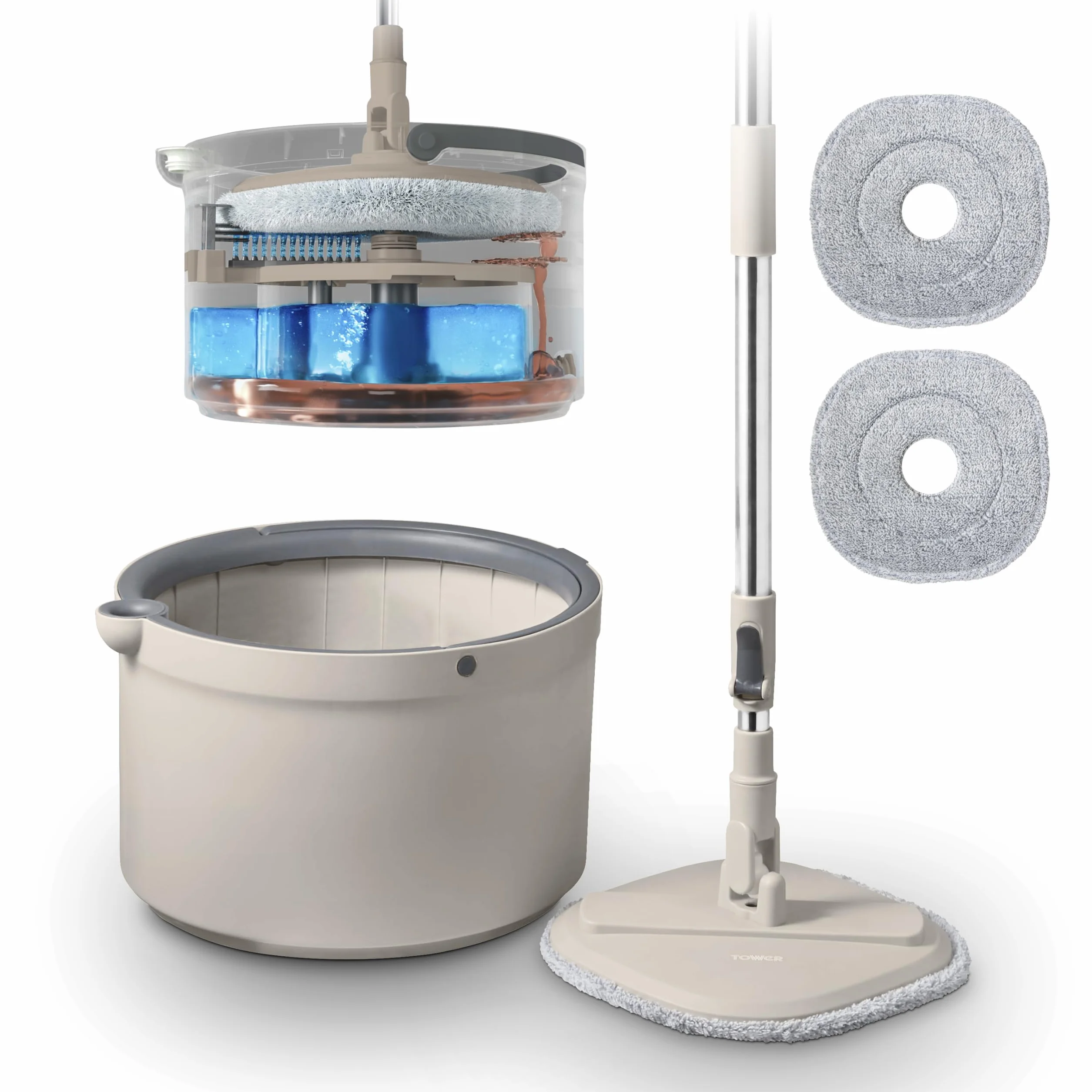 Tower T869009MSH Duo Compact Spin Mop, wbudowana turbina, 2 pojemniki, latte, szary