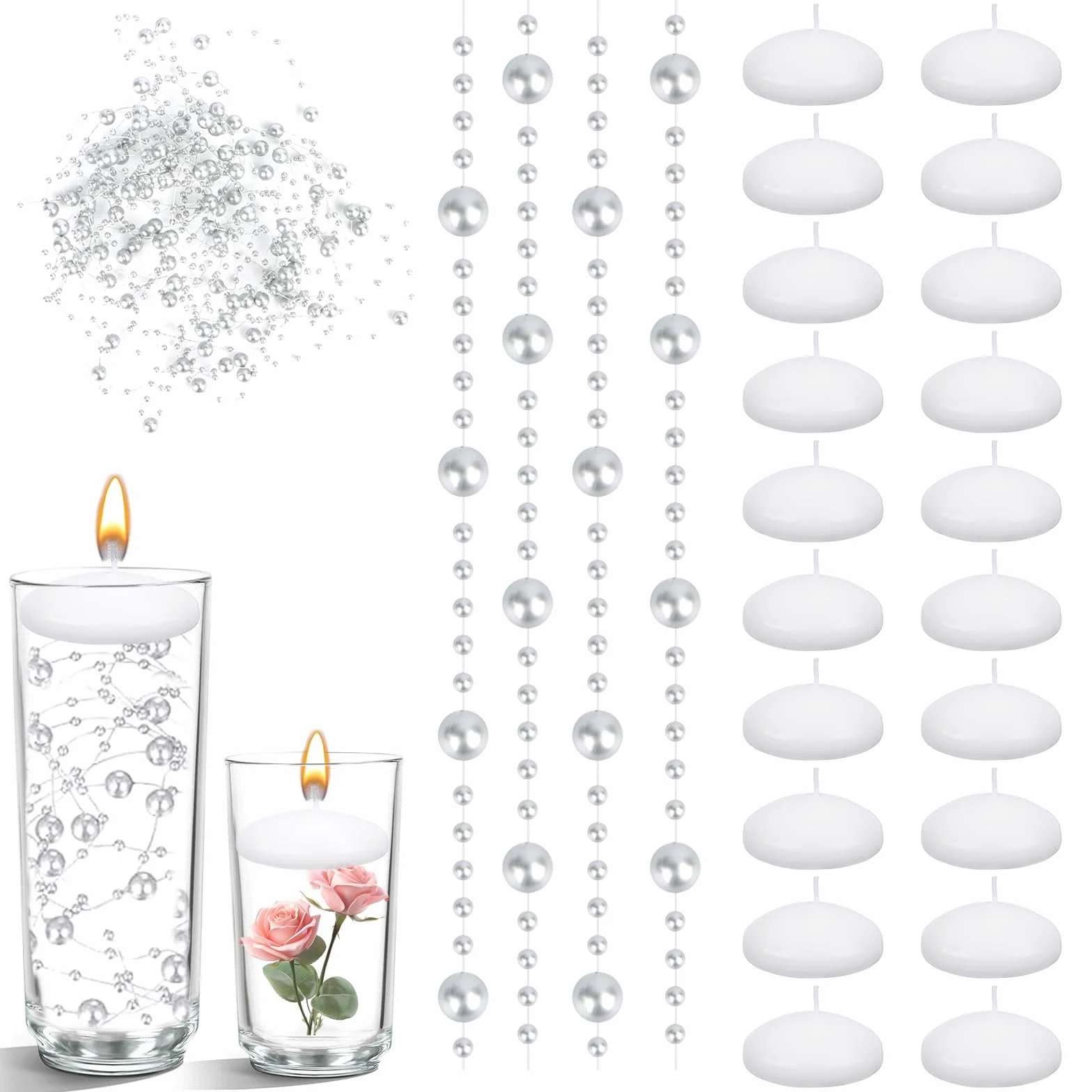 20 sztuk białych pływających świec, pływające świece, 3,8 x 2 cm, 6 sztuk sznurków do pływających świec, srebrne, pływające świece do basenu, na środki, wesela, imprezy, do dekoracji domu