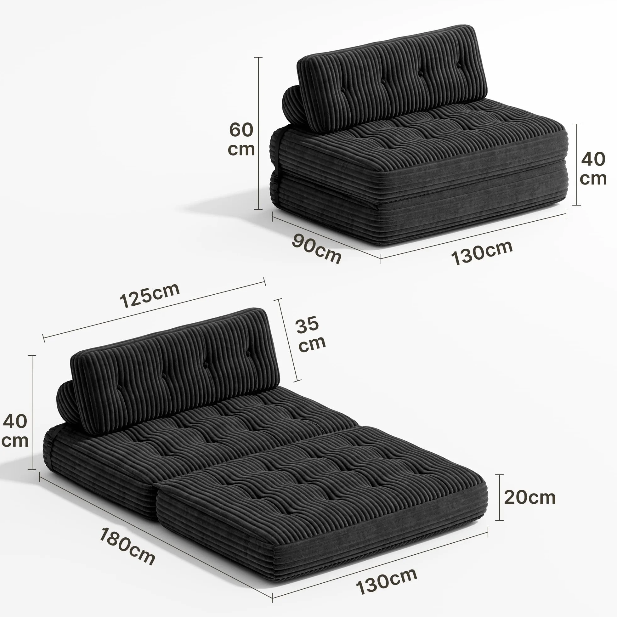 Xbro Składana sofa z funkcją spania 2 w 1, regulowane oparcie, materiał sztruksowy z pianki, 180 x 85 cm, zajmuje mało miejsca, czarna