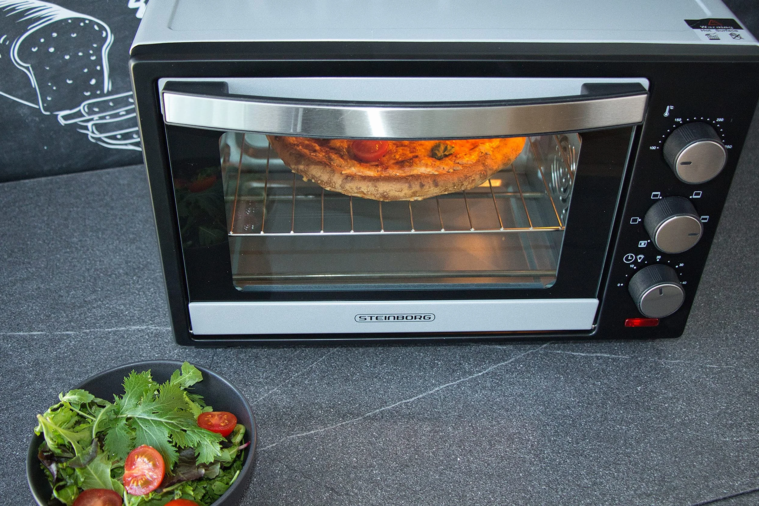 STEInBORG Mini piekarnik 25 l, piec do pizzy, piekarnik 3 w 1, mini piekarnik, blacha na okruchy, ogrzewanie górne/dolne, konwekcja, timer 60 min, 1600 W (25 litrów stali nierdzewnej)