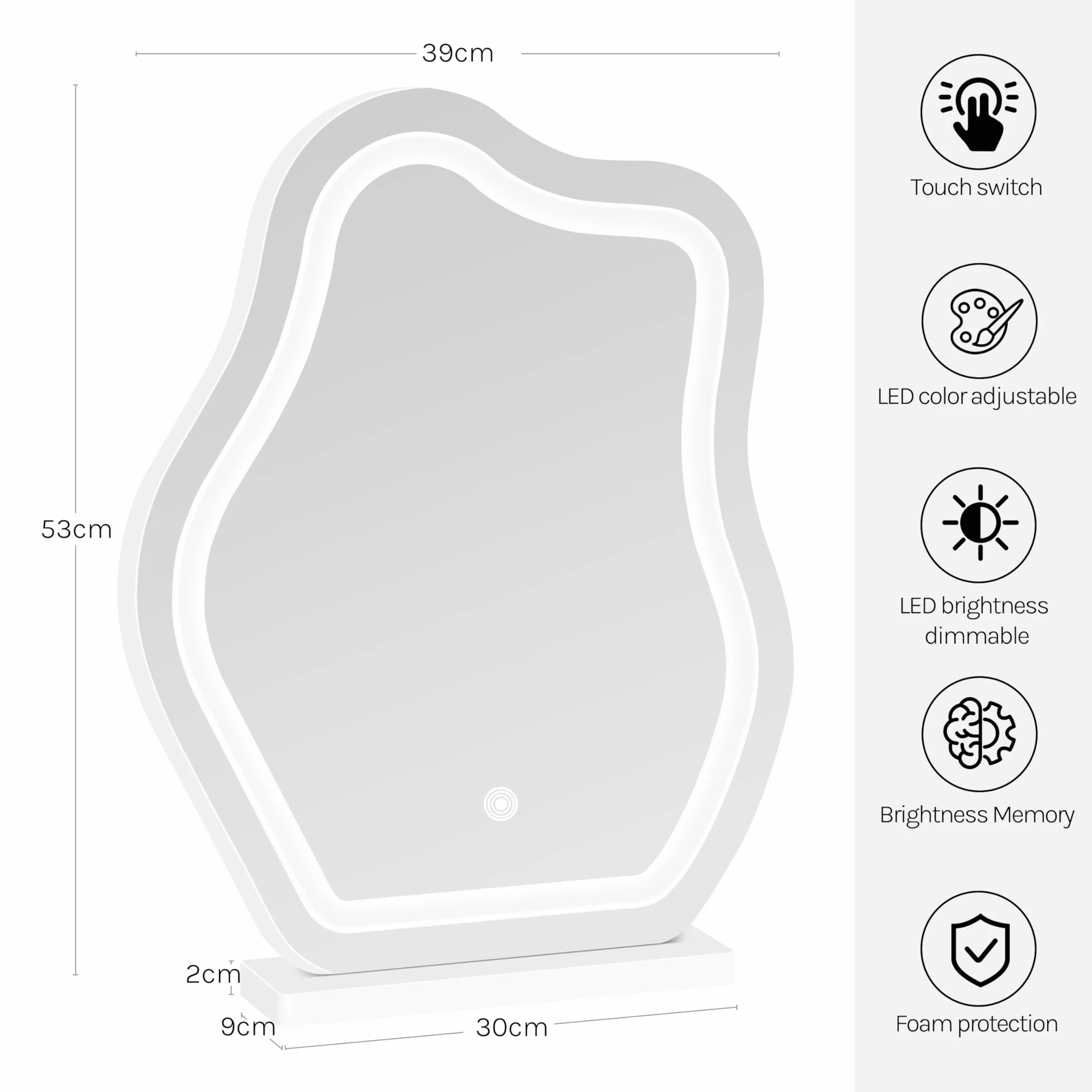 WOLTU Podświetlane lusterko do makijażu LED, 3 poziomy oświetlenia, regulowana jasność, lustro w kształcie chmury, 43 x 8,5 x 56 cm