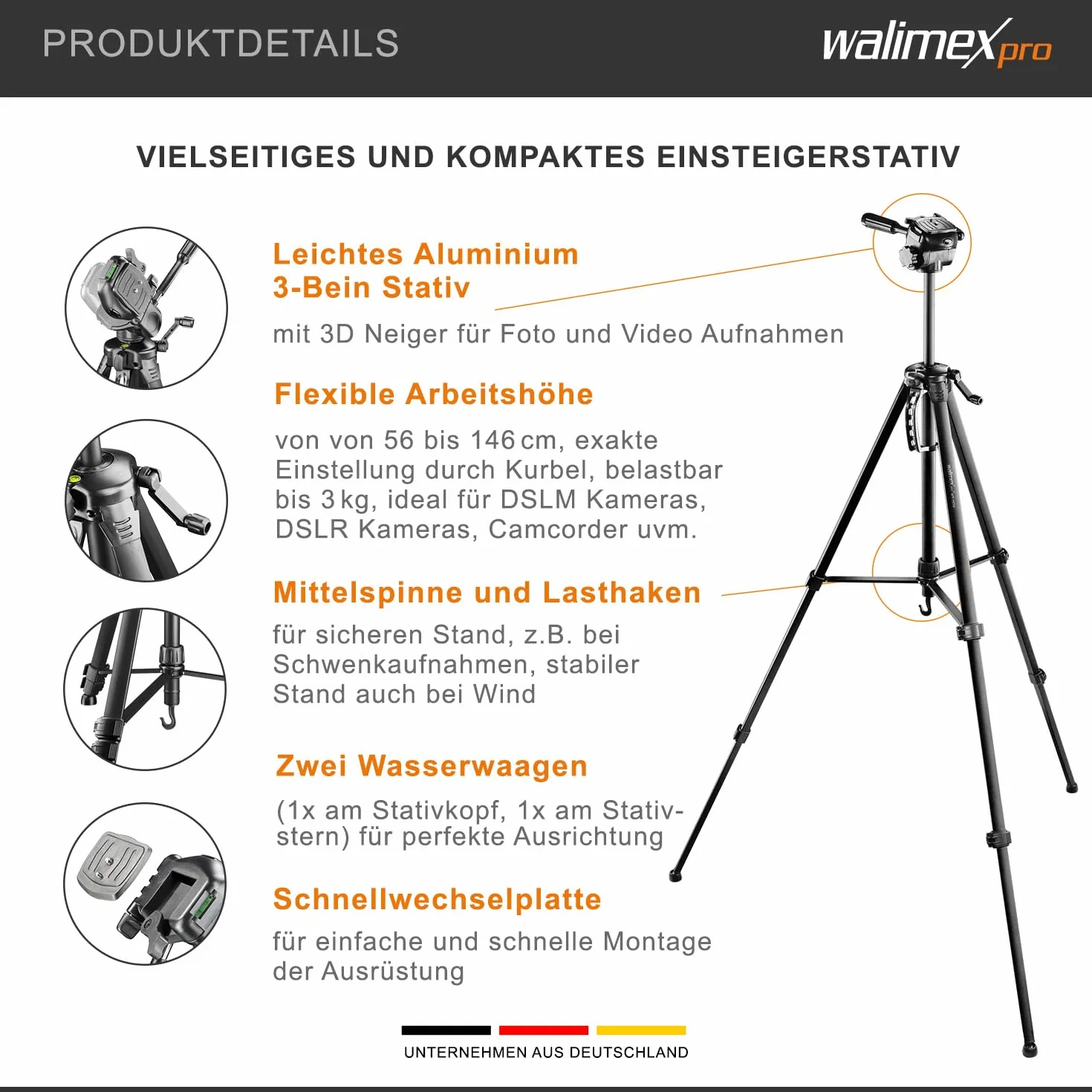 Walimex pro WT-3530 Podstawowy statyw 146 cm, czarny, nośność 3 kg, lekki i stabilny statyw do zdjęć/wideo z 3-kierunkową głowicą panoramiczną, idealny do fotografowania aparatu i telefonu