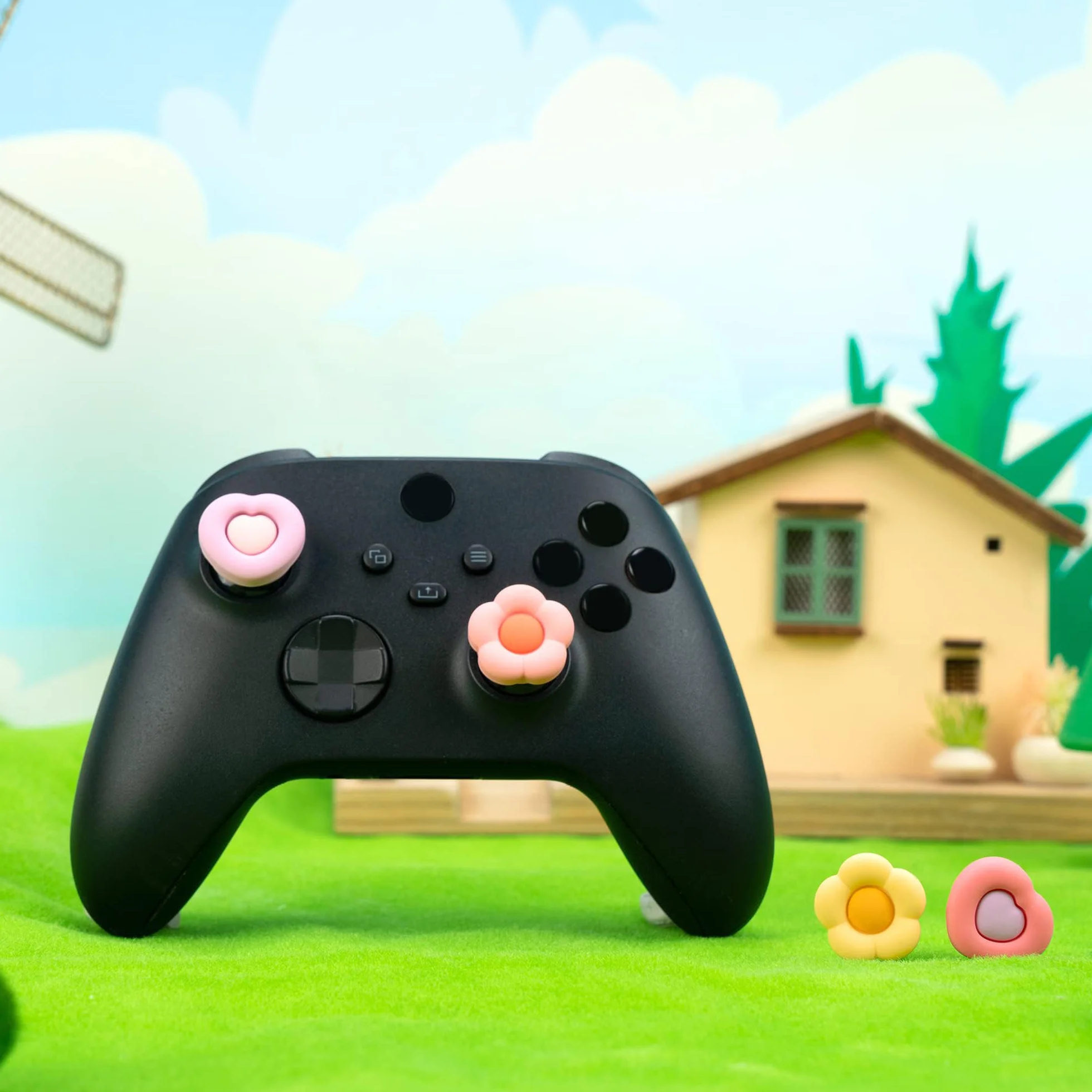 GeekShare Śliczne nakładki na kciuki do kontrolera Xbox One, zestaw miękkich silikonowych nakładek na gałki od kciuka, kompatybilne z kontrolerem Xbox One, 2 pary / 4 szt. — serce i kwiat