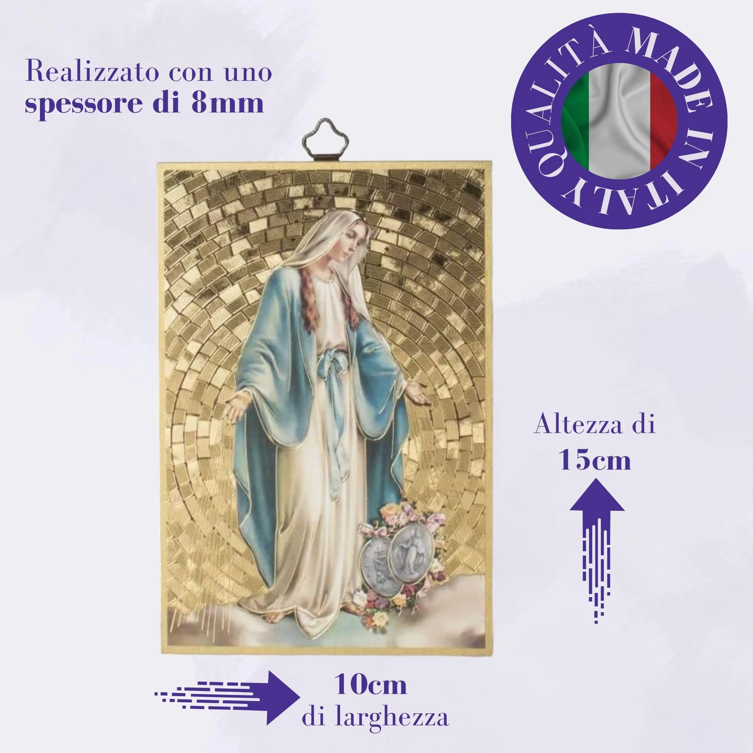 BRATELLI BONELLA - obraz Madonna Cudowna i Horacja Bardzo skuteczny w języku włoskim - obraz drewna MDF z topoli, obraz Madonny, sypialnia, 8 mm x 10 cm x 15 cm, wyprodukowano we Włoszech