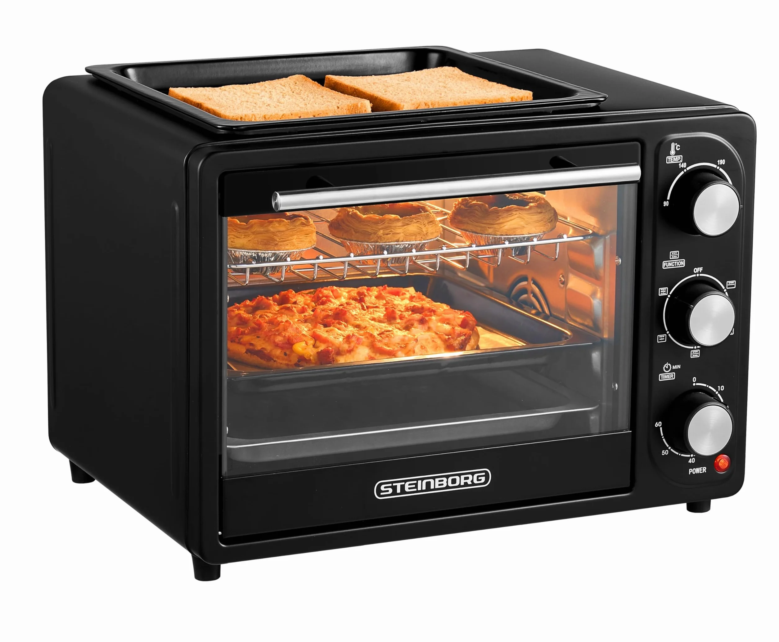 Mini piekarnik 3 w 1, 20 l, z konwekcją, z płytą utrzymującą ciepło, 2 blachy do pieczenia + ruszt do grillowania, mini piekarnik do pizzy, możliwość przełączania obiegu, zdejmowana płyta grillowa, 60