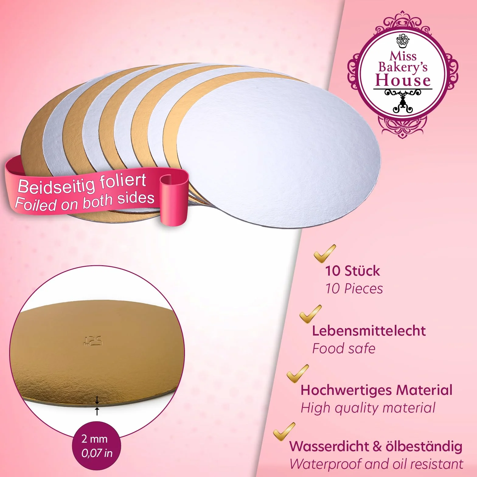 Miss Bakery's House Cake Board Ø 20 cm 2 mm dwustronny okrągły talerz na tort srebrny złoty 10 szt.