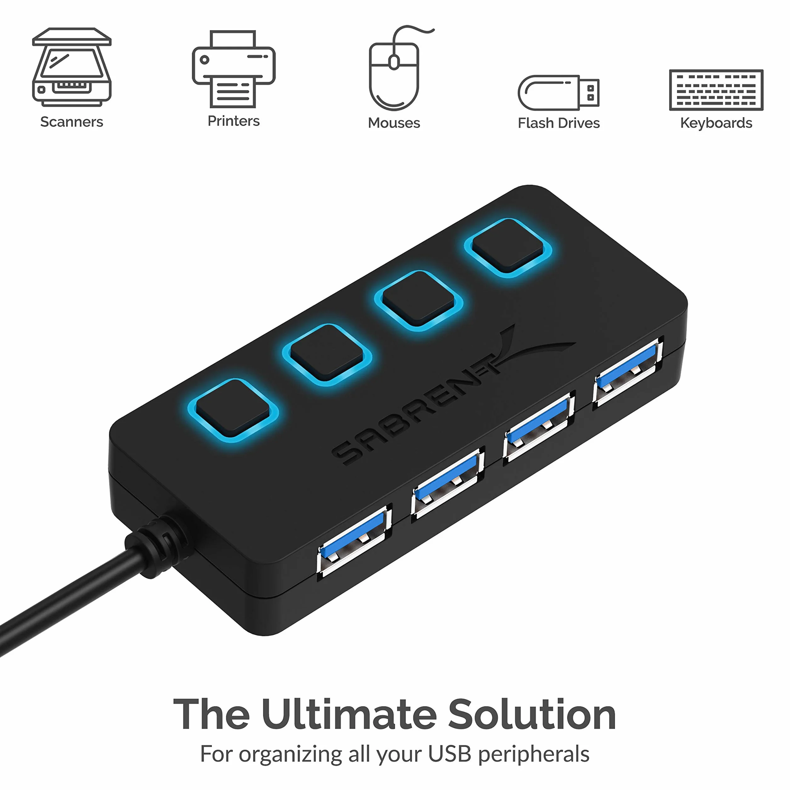 Sabrent HB-UM43 Koncentrator USB 3.0 z 4 Portami, 8,64 x 3,56 x 1,55 cm, Czarny/Niebieskie