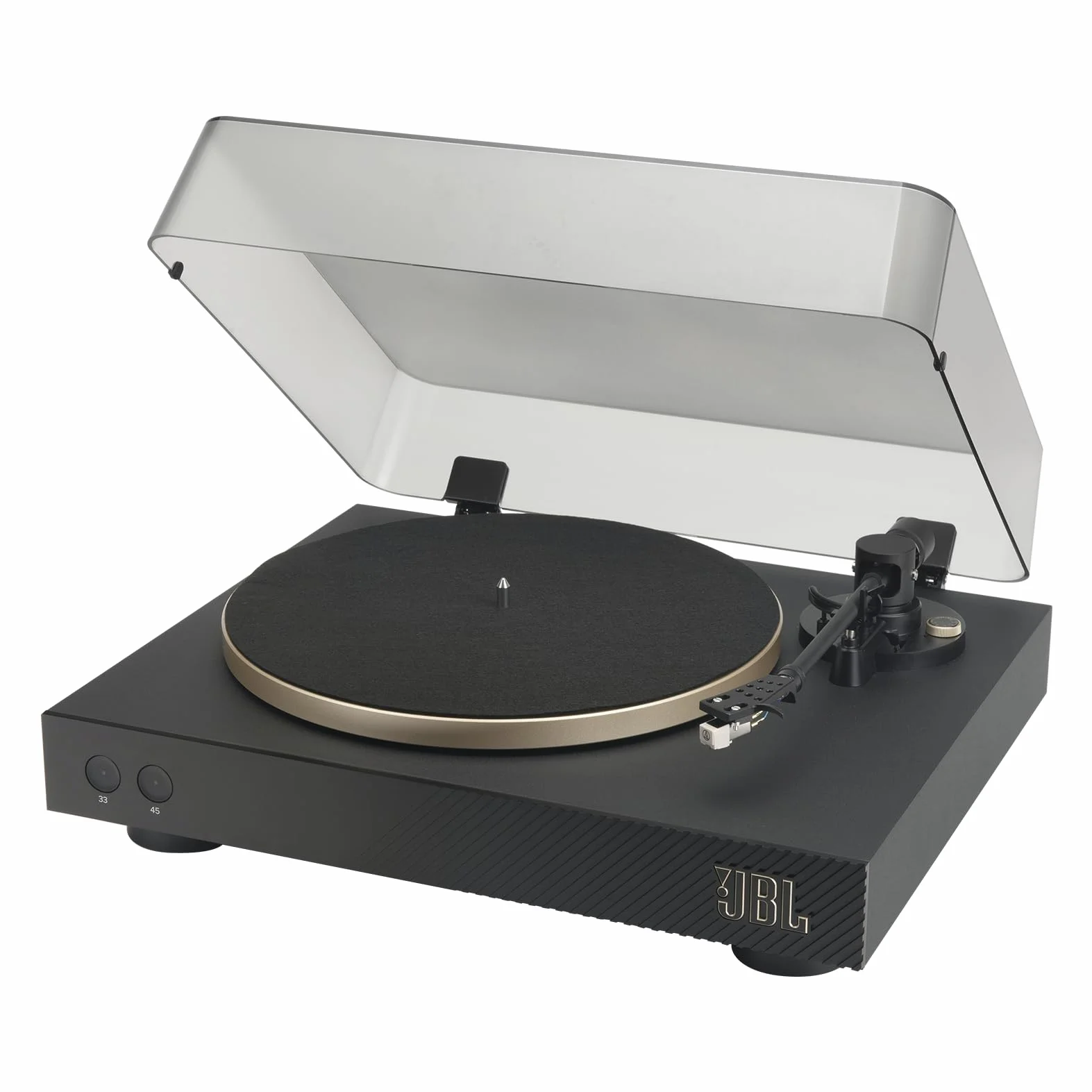 JBL Spinner BT, Gramofon Bluetooth z AptX-HD, Odłączana Głowica, Aluminiowy Talerz Obrotowy i Napęd Pasowy, Wkładka Magnetyczna, Kolor Czarny i Złoty