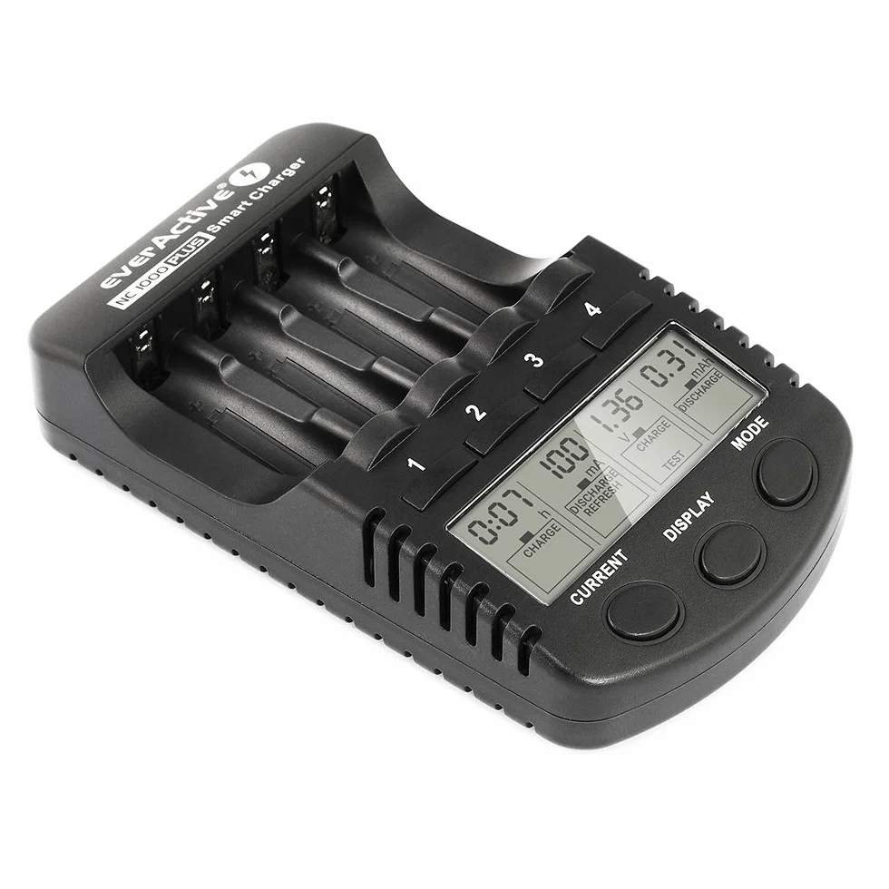 everActive Ładowarka do 4 akumulatorów AAA AA, profesjonalna i szybka, wyświetlacz LCD, test pojemności, adapter samochodowy, model: NC-1000 Plus, czarna, NC1000Plus
